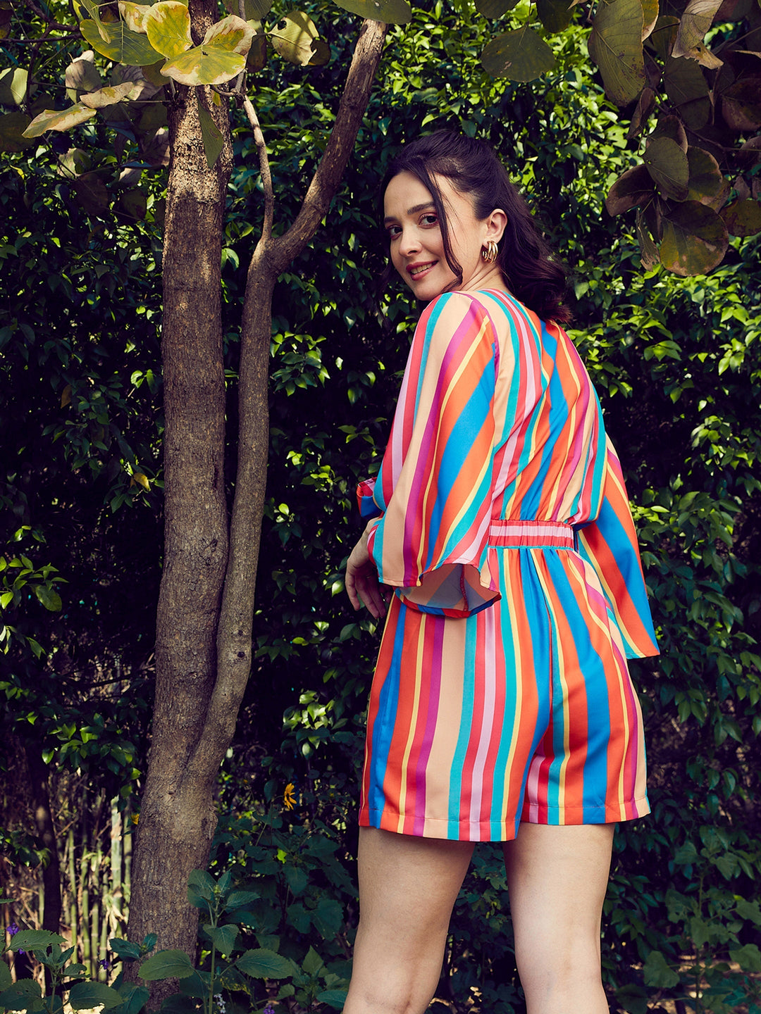 Women Stripe Front Tie Knot Playsuit