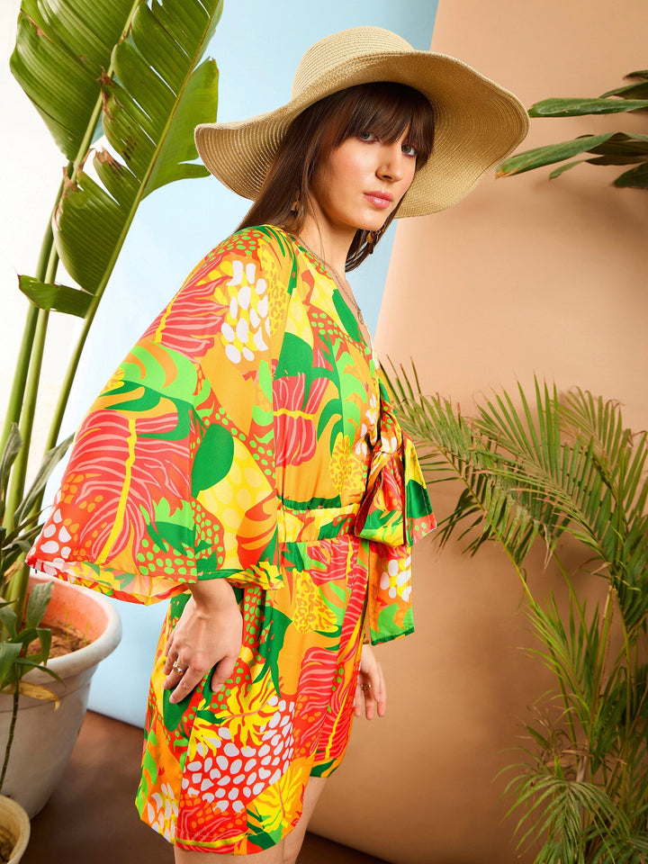 Women Floral Front Tie Knot Playsuit