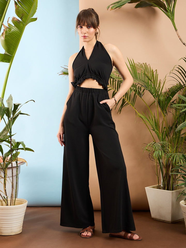 Women's Women Black Knitted Halter Neck Jumpsuit in Polyester by Sassafras for wholesale, bulk, supplier, manufacturer and wholesaler buyers from Trendphoria