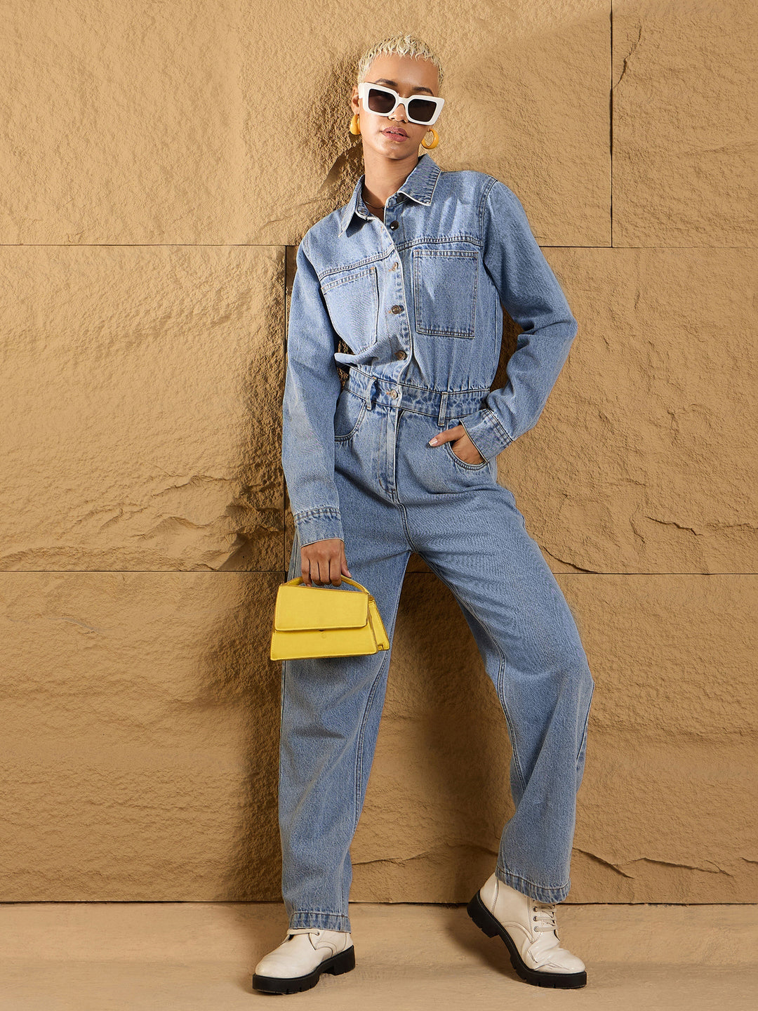 Women's Women Ice Blue Denim Full Sleeve Jumpsuit in Cotton by Sassafras for wholesale, bulk, supplier, manufacturer and wholesaler buyers from Trendphoria