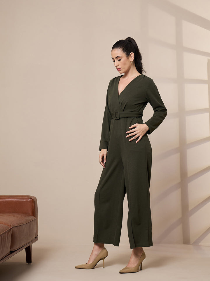 Women V-Neck Belted Jumpsuit