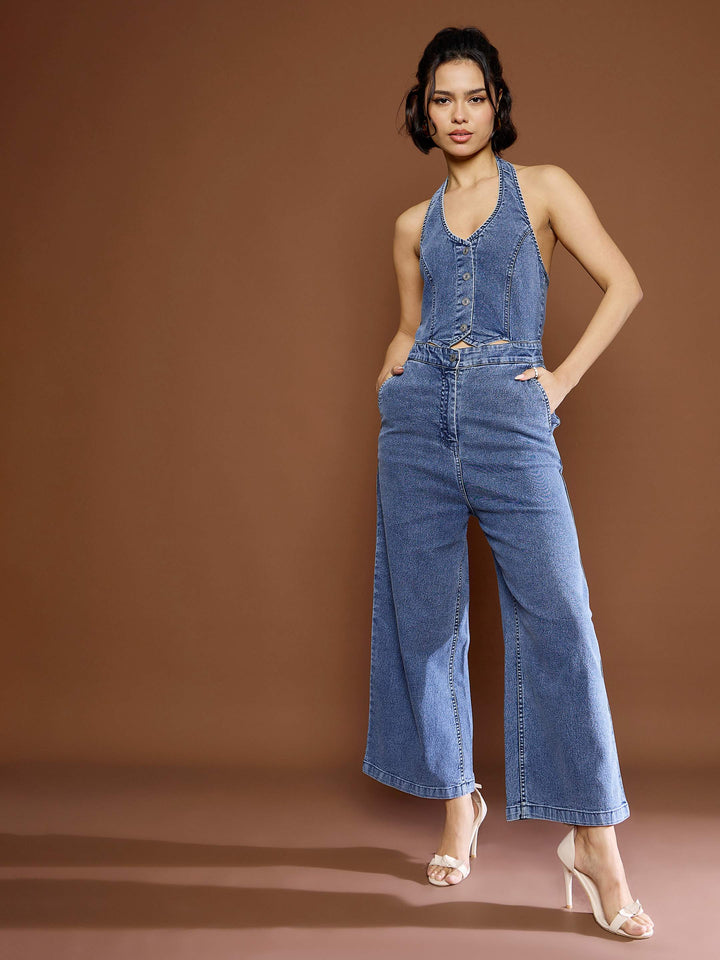 Women's Women Blue Blast Denim Halter Neck Jumpsuit in Cotton by Sassafras for wholesale, bulk, supplier, manufacturer and wholesaler buyers from Trendphoria