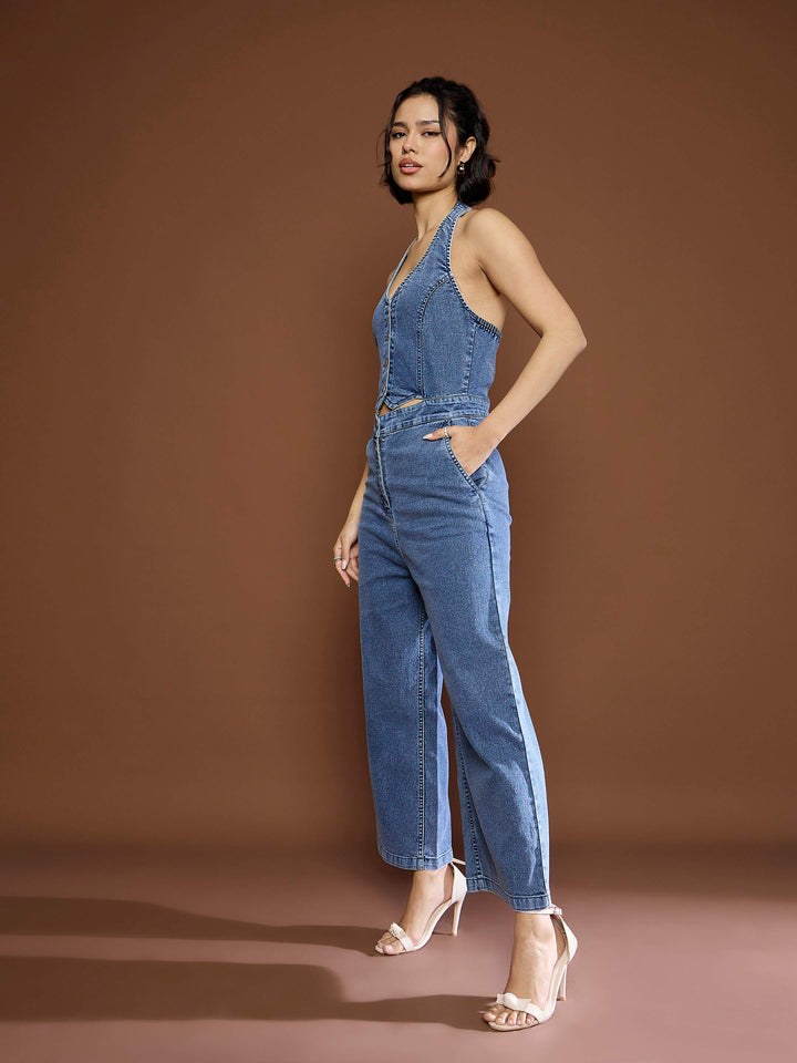 Women Blast Denim Halter Neck Jumpsuit