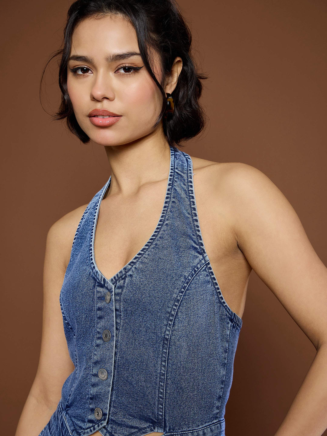 Women Blast Denim Halter Neck Jumpsuit