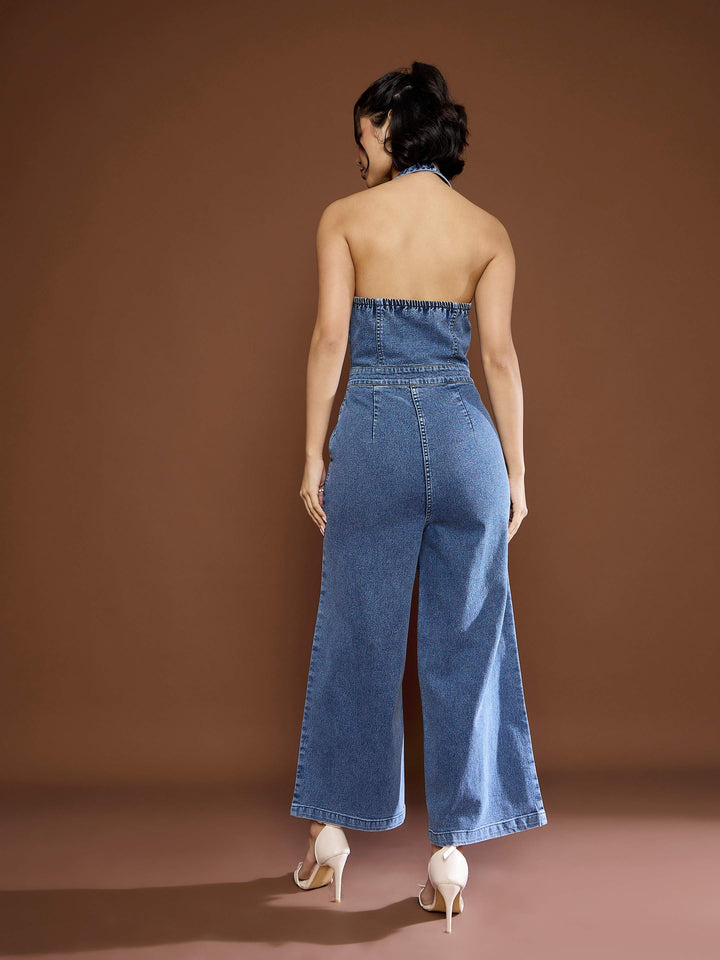 Women Blast Denim Halter Neck Jumpsuit