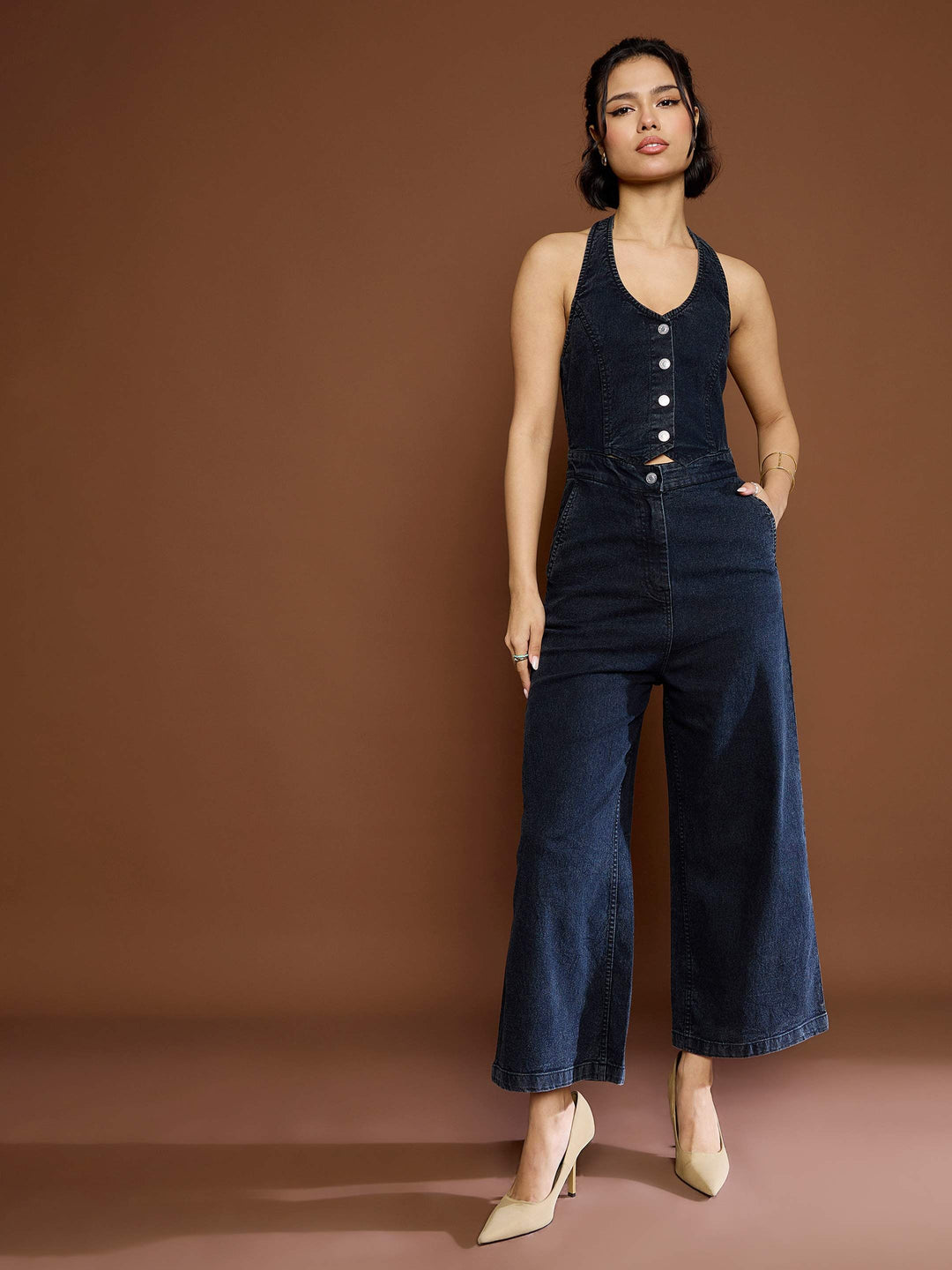 Women's Women Black Washed Denim Halter Neck Jumpsuit in Cotton by Sassafras for wholesale, bulk, supplier, manufacturer and wholesaler buyers from Trendphoria