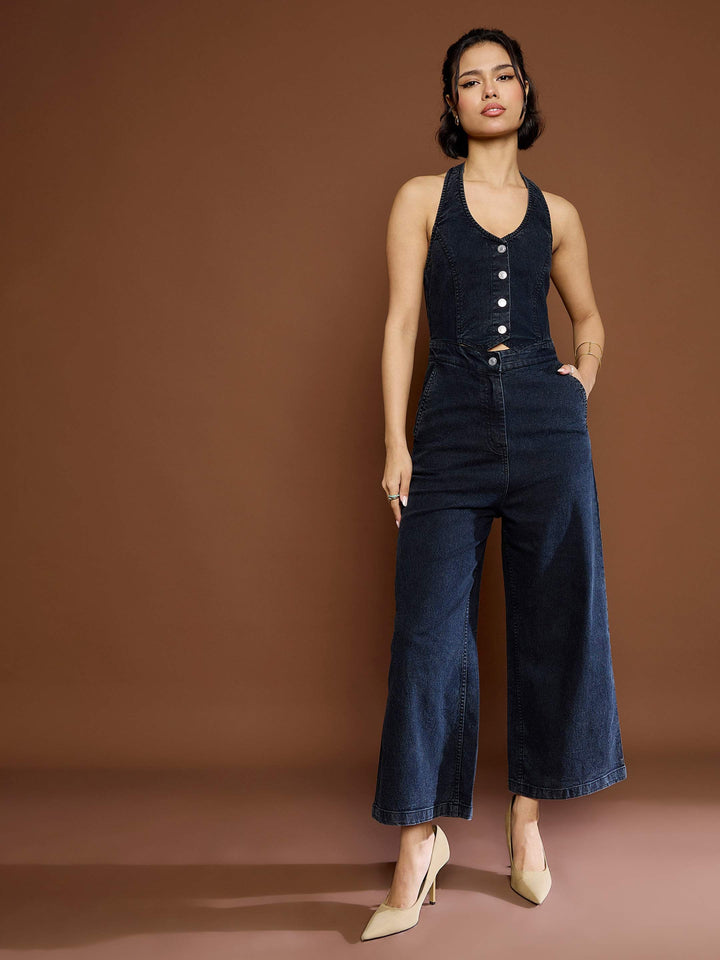 Women's Women Black Washed Denim Halter Neck Jumpsuit in Cotton by Sassafras for wholesale, bulk, supplier, manufacturer and wholesaler buyers from Trendphoria