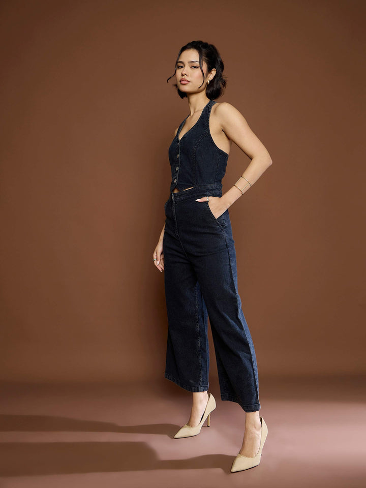 Women Washed Denim Halter Neck Jumpsuit