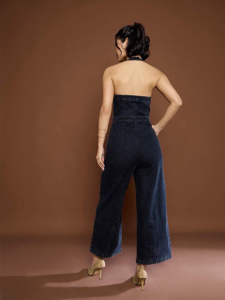 Women Washed Denim Halter Neck Jumpsuit