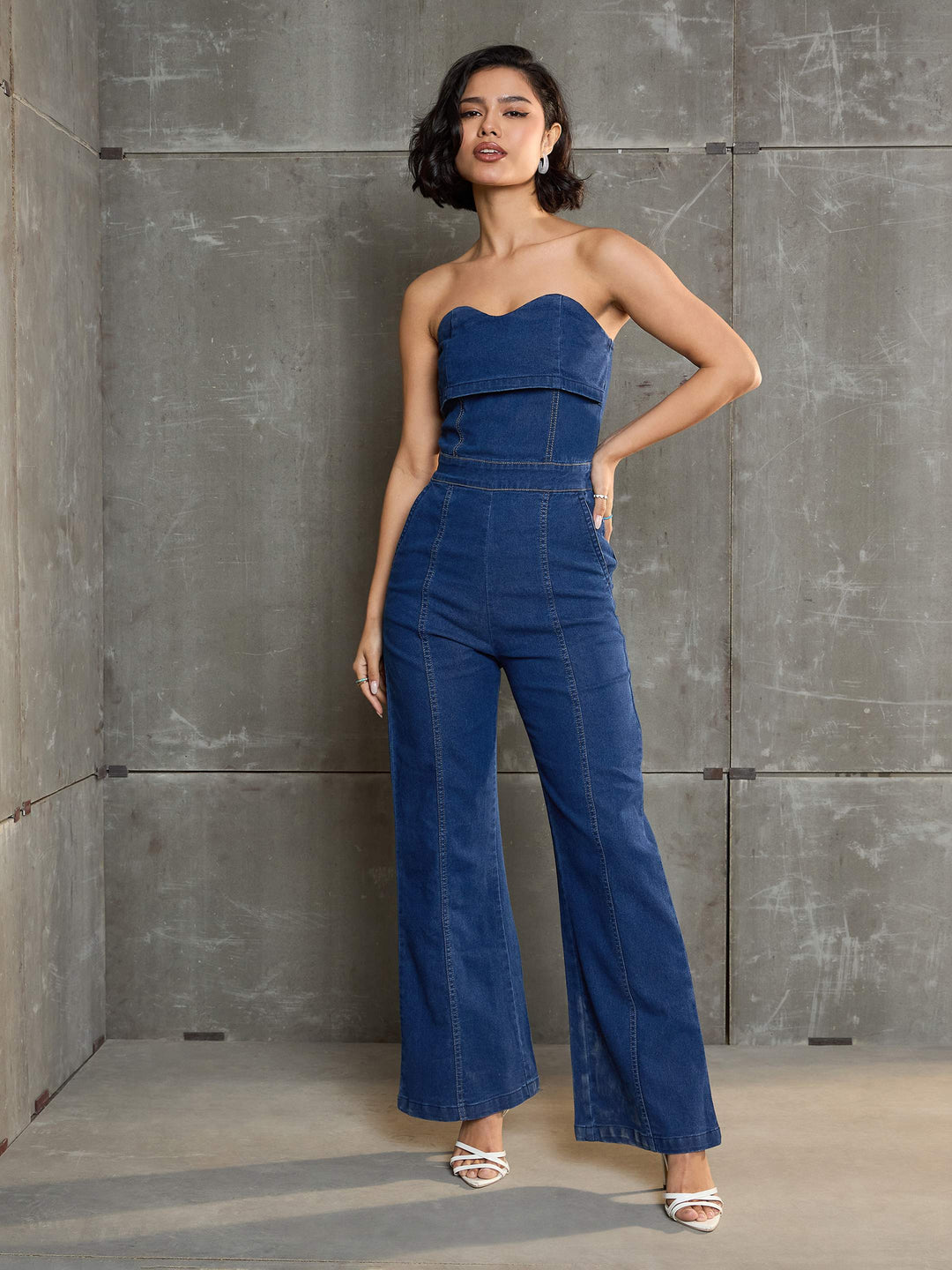 Women's Women Navy Blue Denim Off Shoulder Jumpsuit in Cotton by Sassafras for wholesale, bulk, supplier, manufacturer and wholesaler buyers from Trendphoria