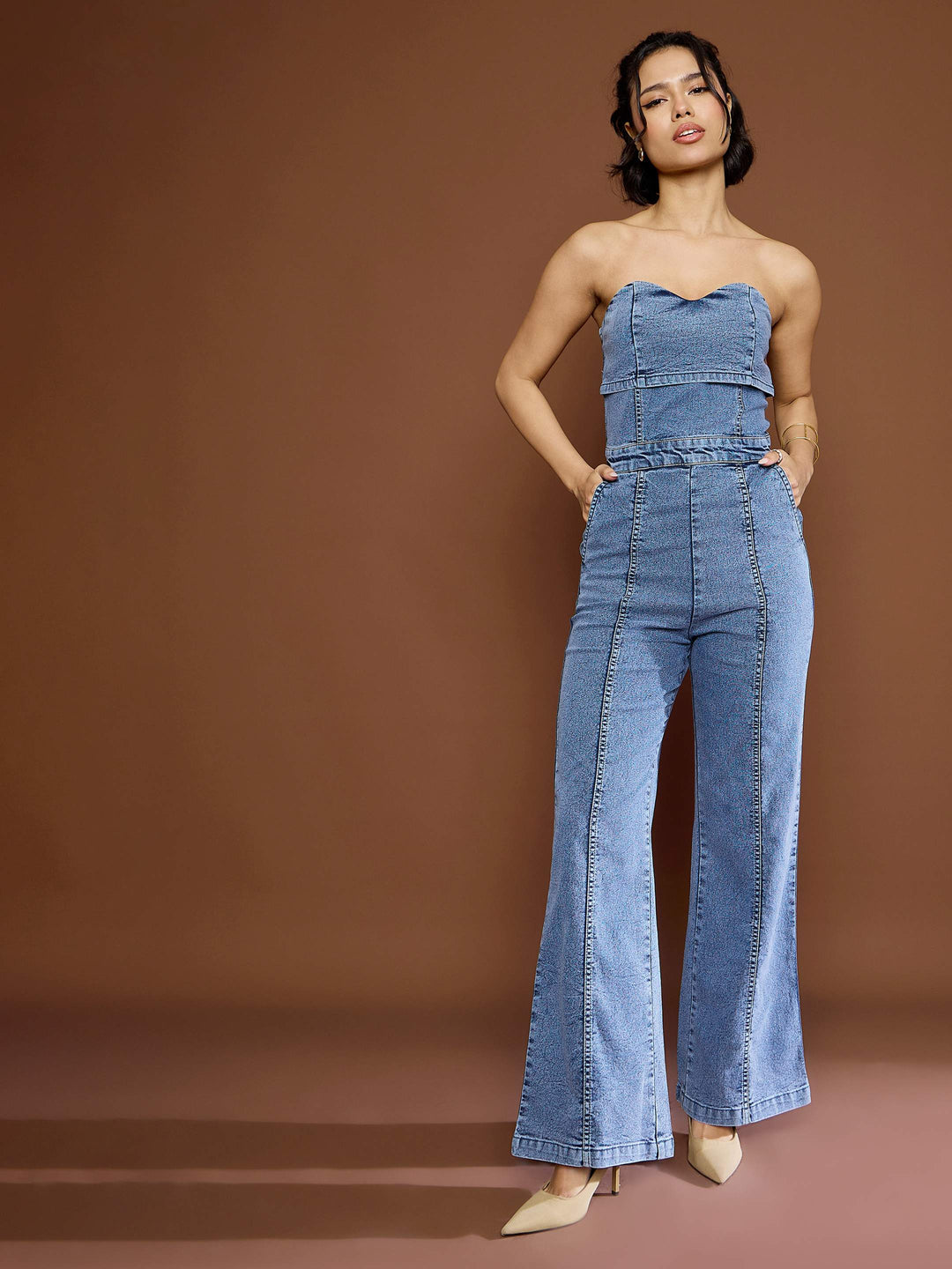 Women's Women Blue Blast Denim Off Shoulder Jumpsuit in Cotton by Sassafras for wholesale, bulk, supplier, manufacturer and wholesaler buyers from Trendphoria