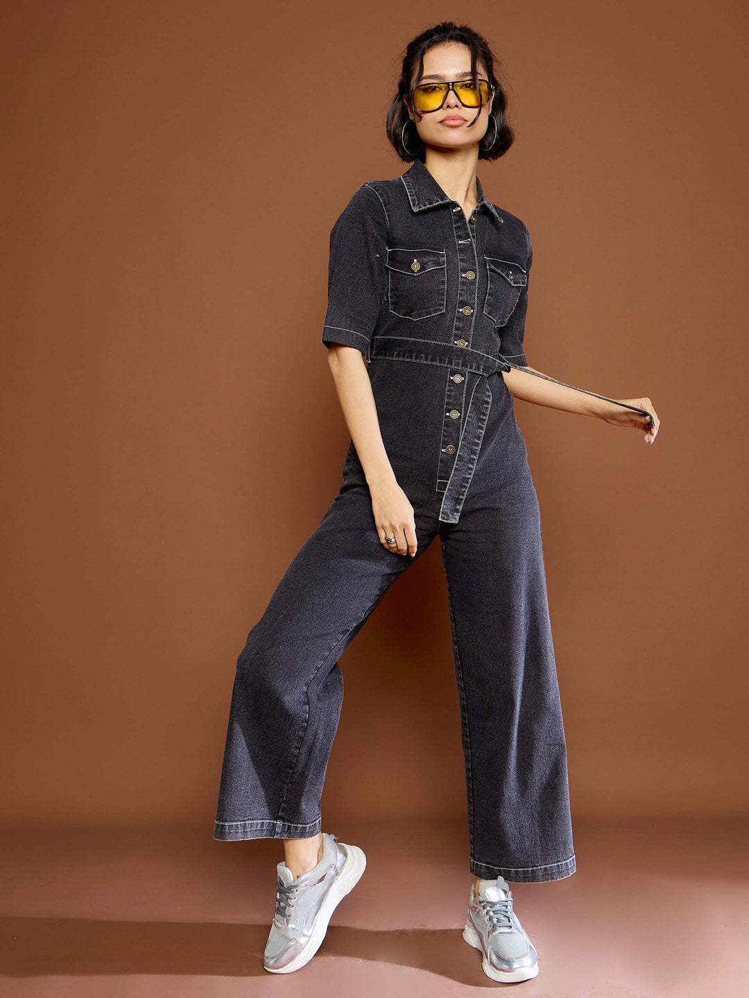 Women's Women Black Washed Denim Short Sleeve Jumpsuit in Cotton by Sassafras for wholesale, bulk, supplier, manufacturer and wholesaler buyers from Trendphoria
