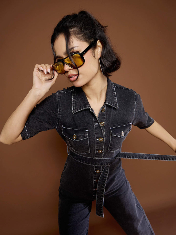Women Washed Denim Short Sleeve Jumpsuit