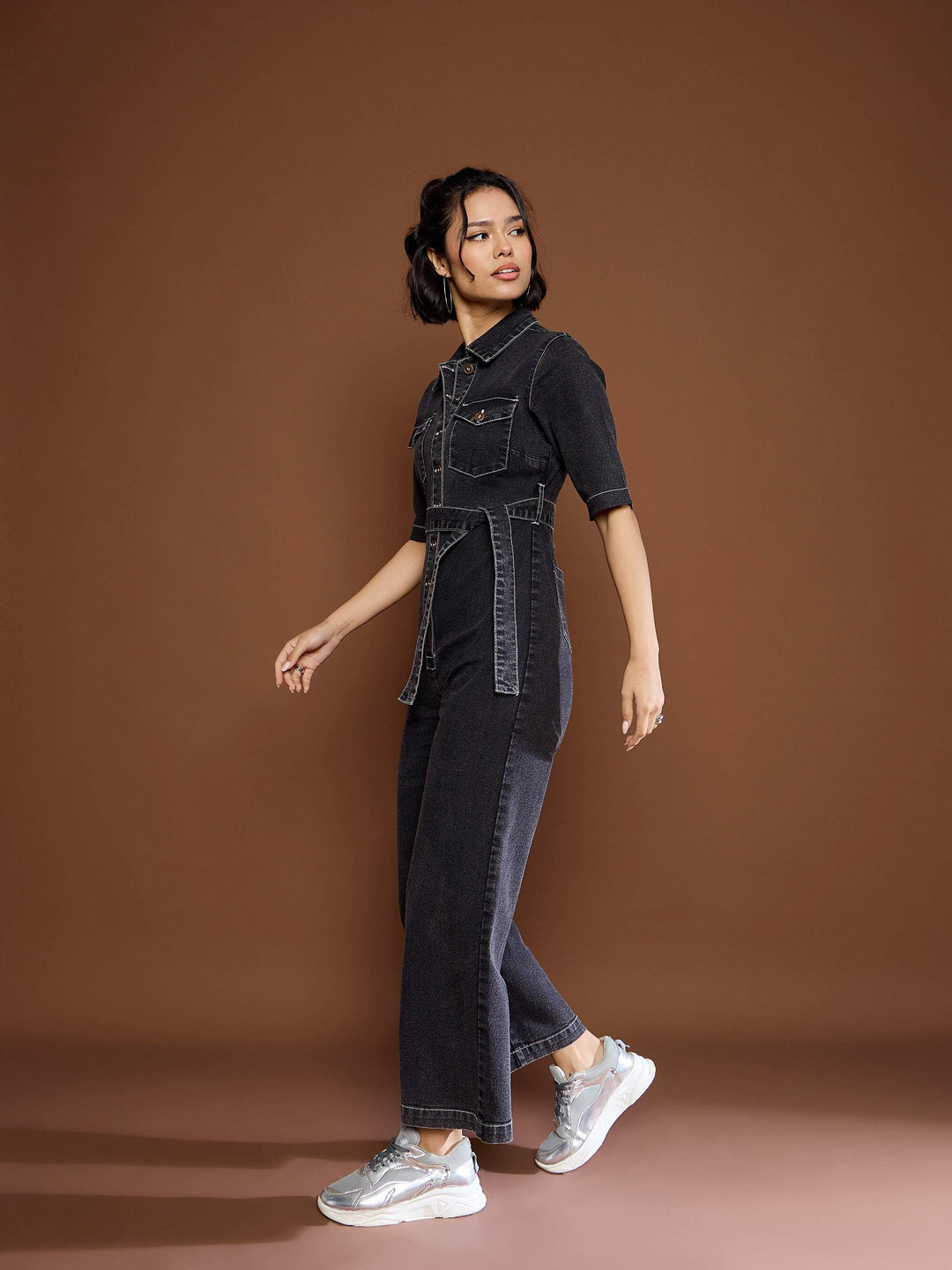Women Washed Denim Short Sleeve Jumpsuit