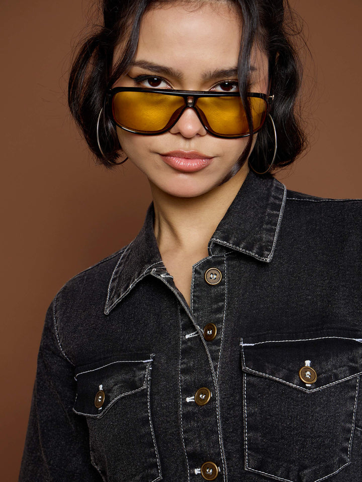 Women Washed Denim Short Sleeve Jumpsuit