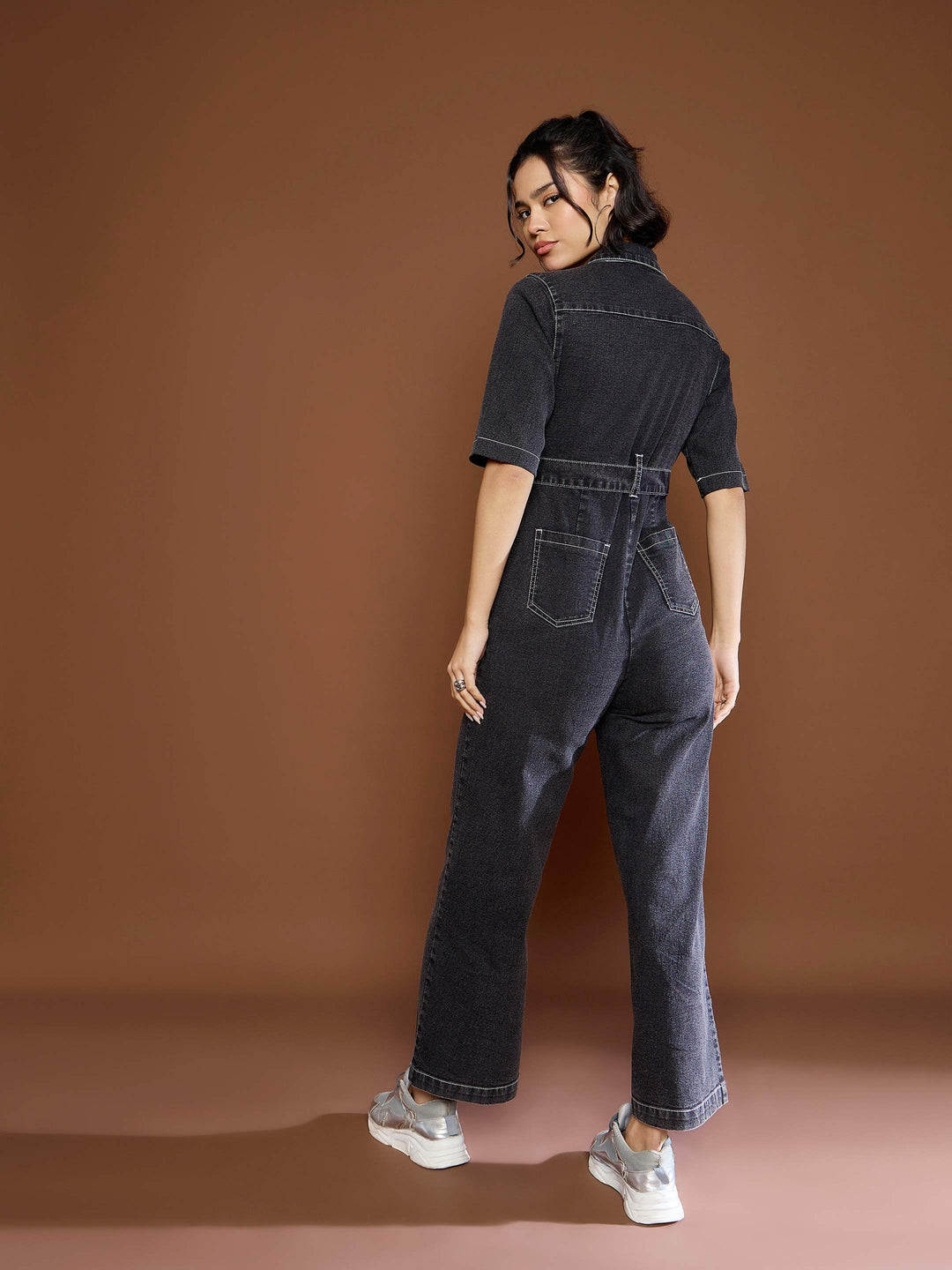 Women Washed Denim Short Sleeve Jumpsuit