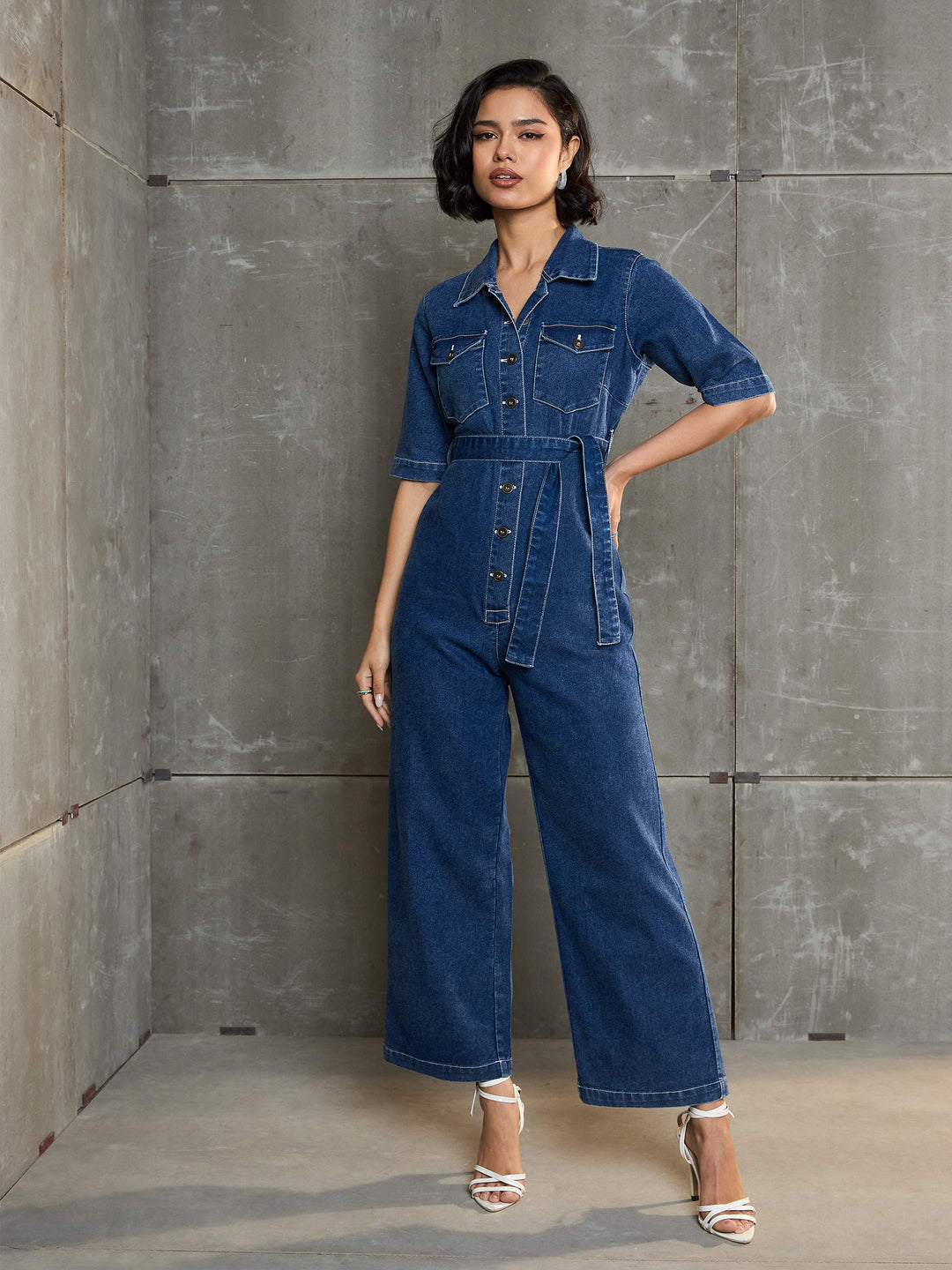Women's Women Blue Washed Denim Short Sleeve Jumpsuit in Cotton by Sassafras for wholesale, bulk, supplier, manufacturer and wholesaler buyers from Trendphoria