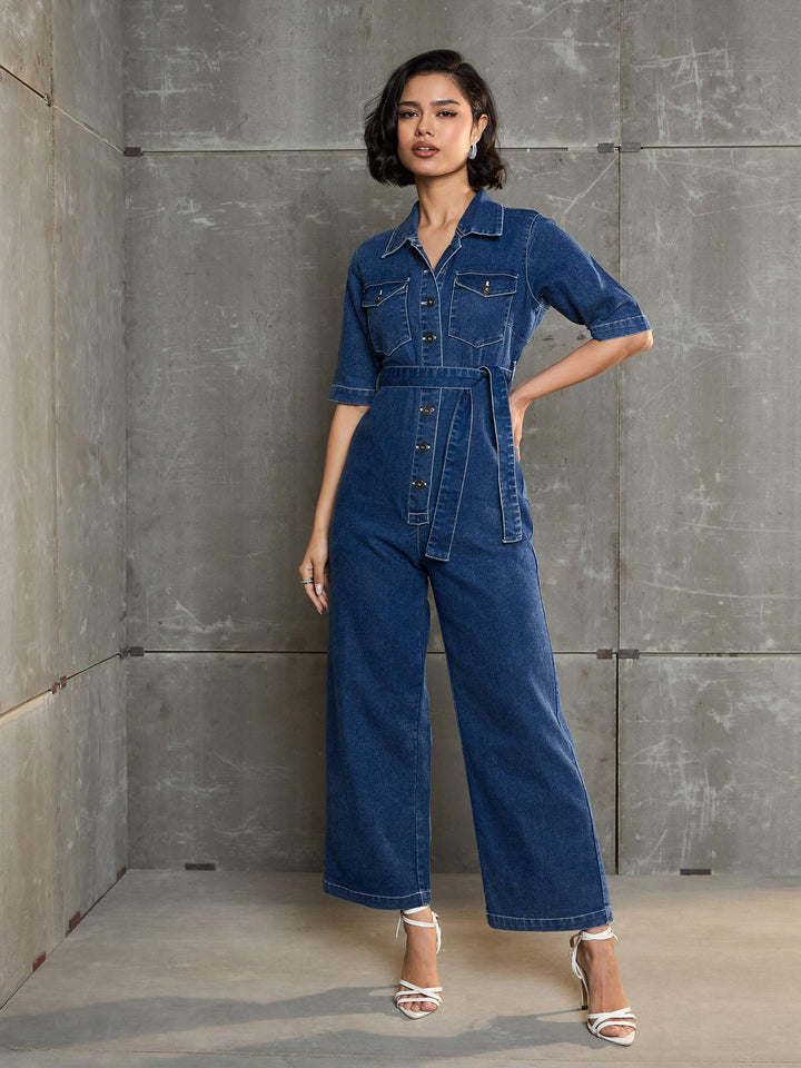 Women's Women Blue Washed Denim Short Sleeve Jumpsuit in Cotton by Sassafras for wholesale, bulk, supplier, manufacturer and wholesaler buyers from Trendphoria