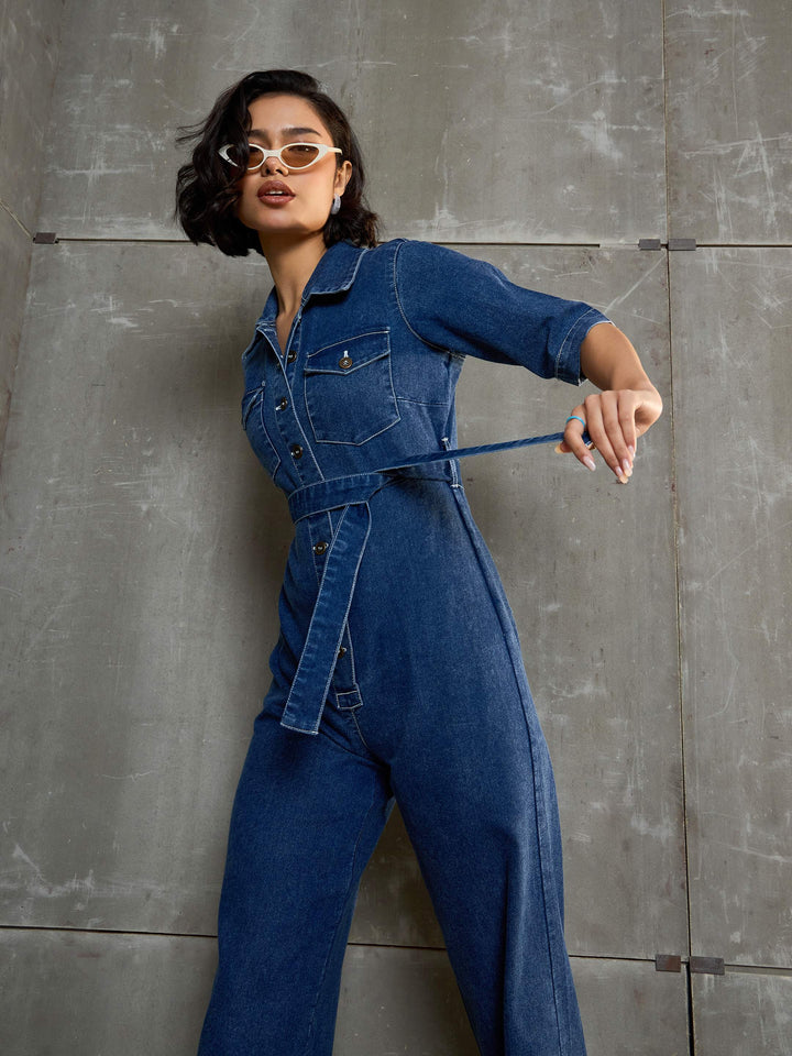 Women Washed Denim Short Sleeve Jumpsuit