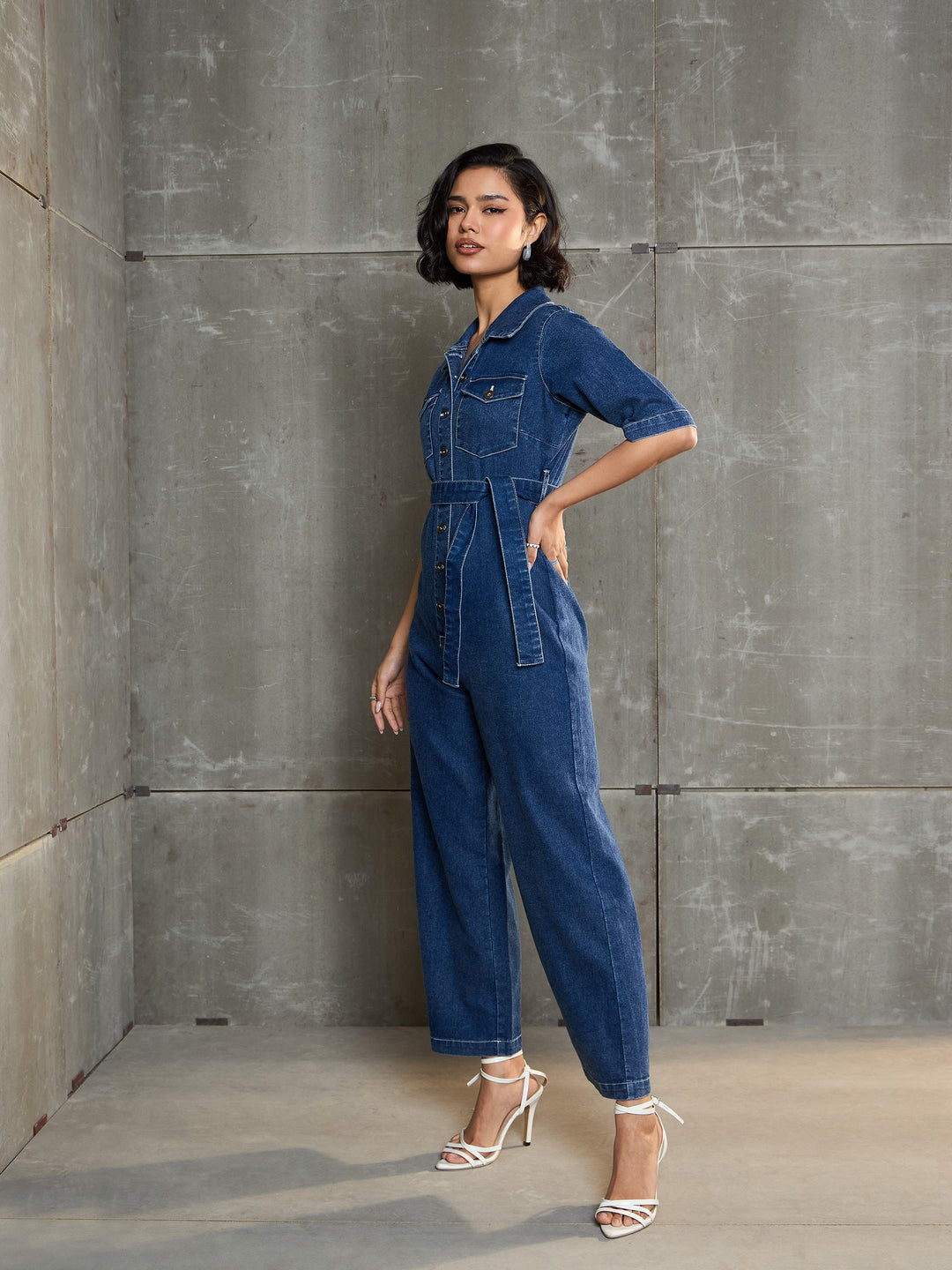 Women Washed Denim Short Sleeve Jumpsuit