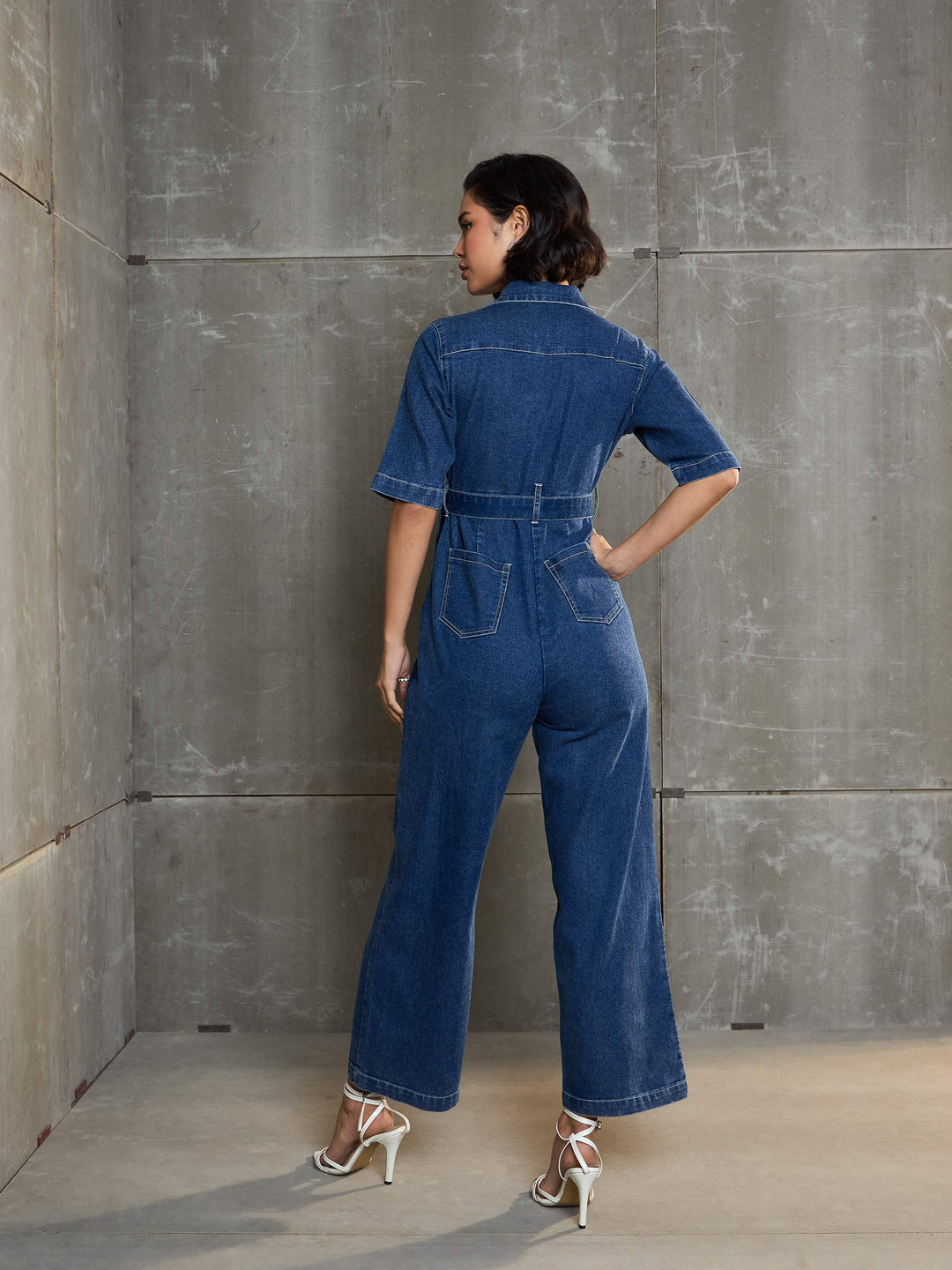 Women Washed Denim Short Sleeve Jumpsuit