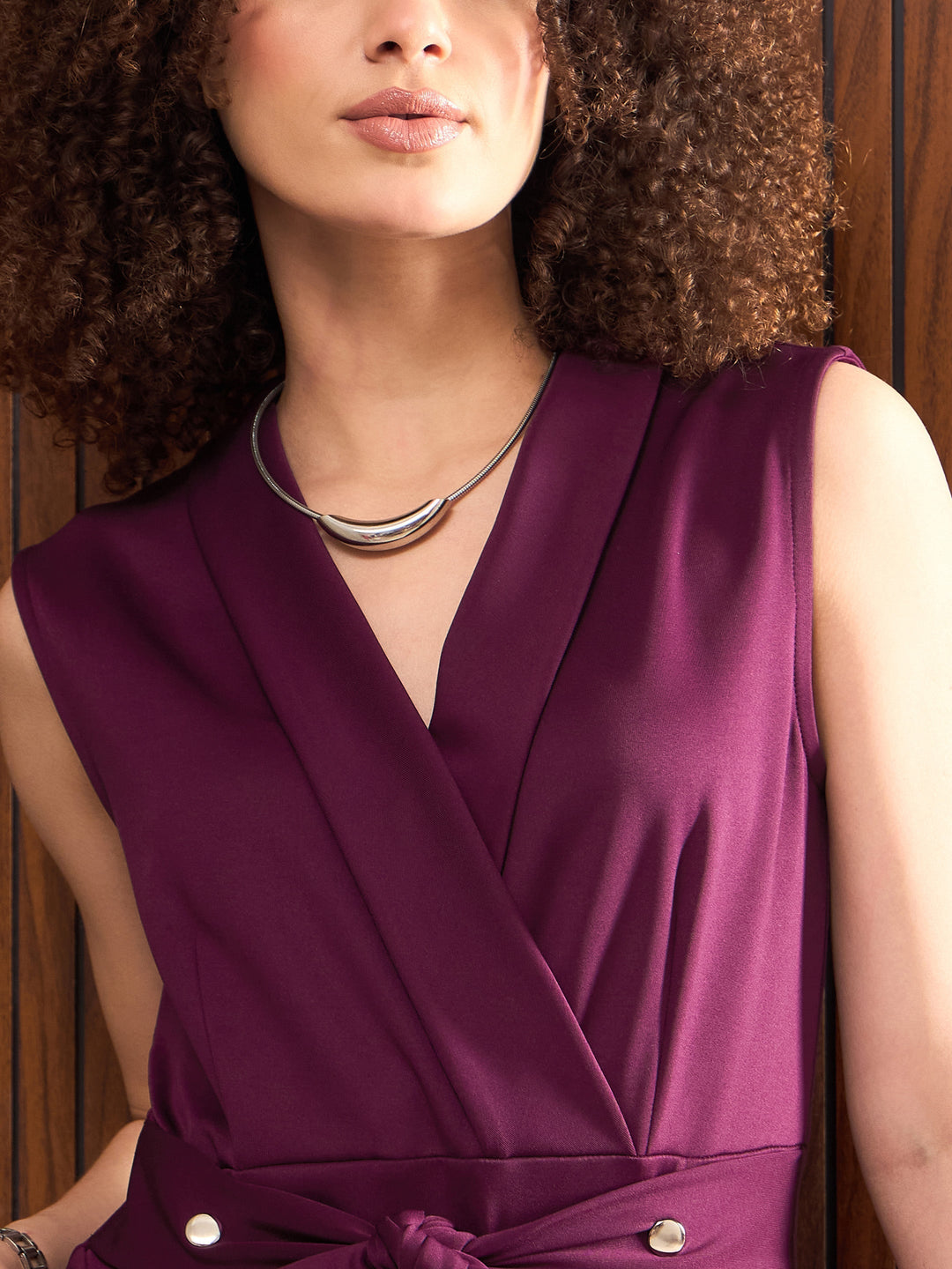 Women Shawl Collar Front Tie Belted Jumpsuit