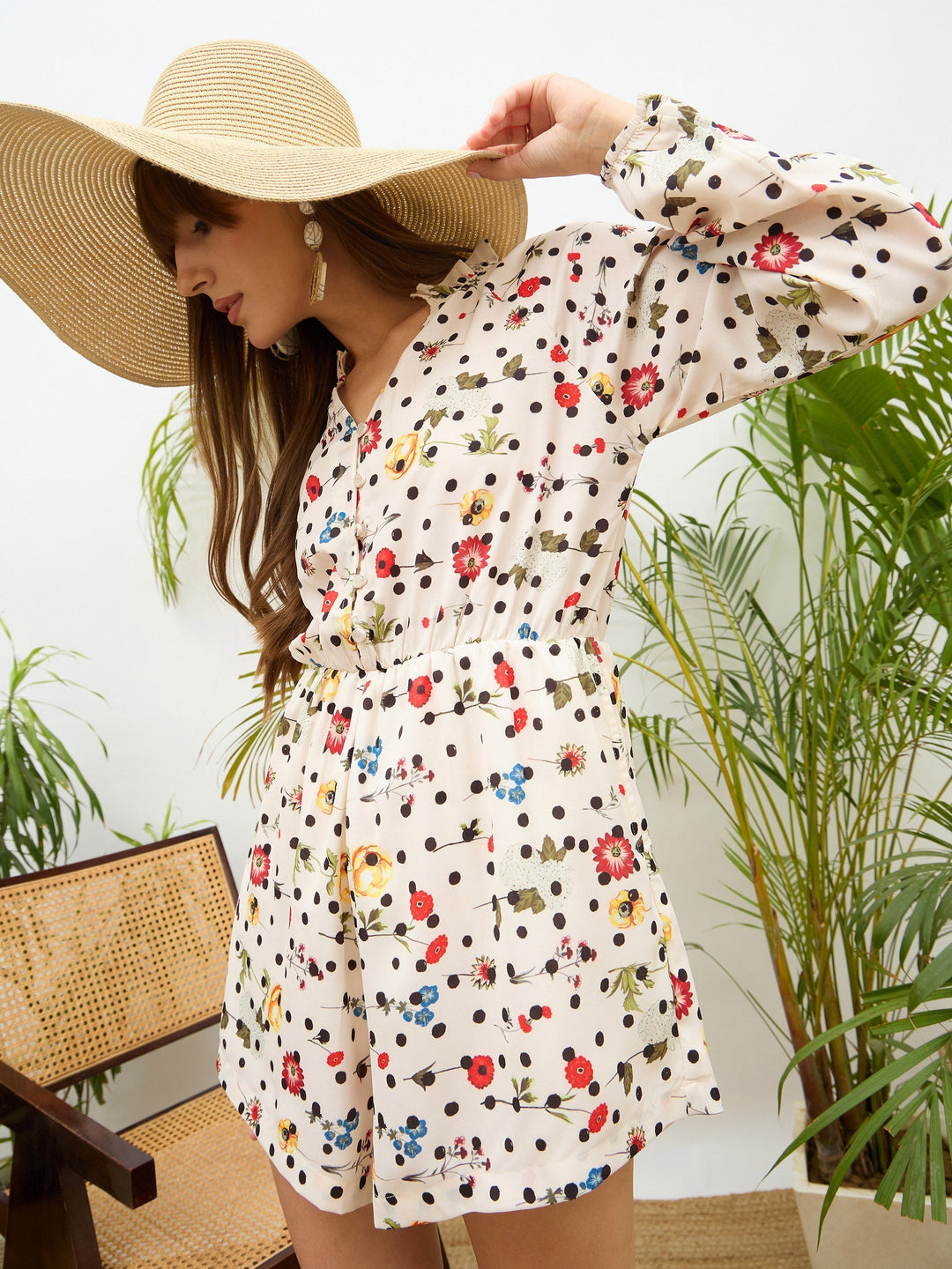 Women Ditsy Floral Balloon Sleeves Playsuit