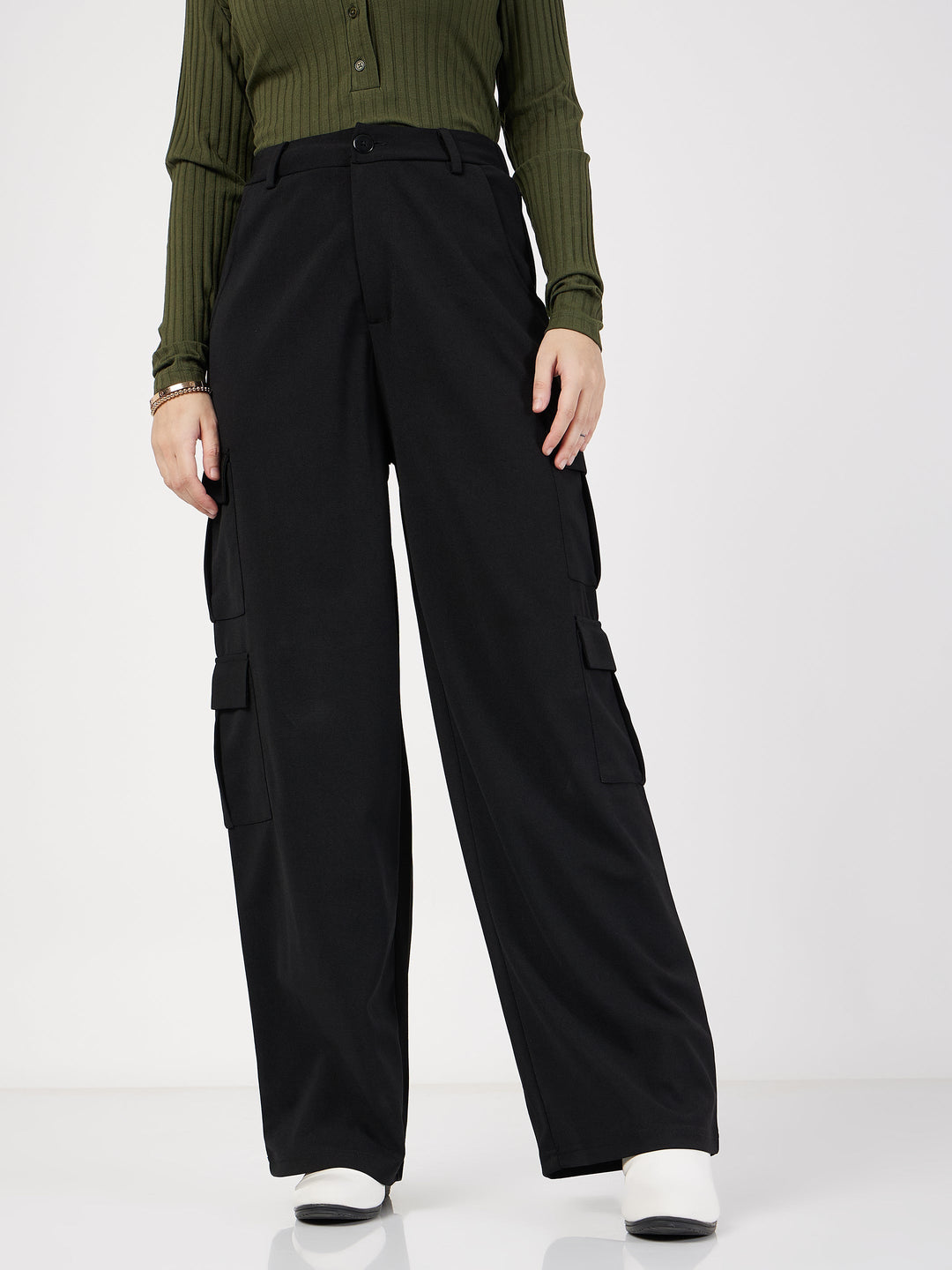 Women's Women Black Multi Pocket Detail Cargo Pants in Polyester by Sassafras for wholesale, bulk, supplier, manufacturer and wholesaler buyers from Trendphoria