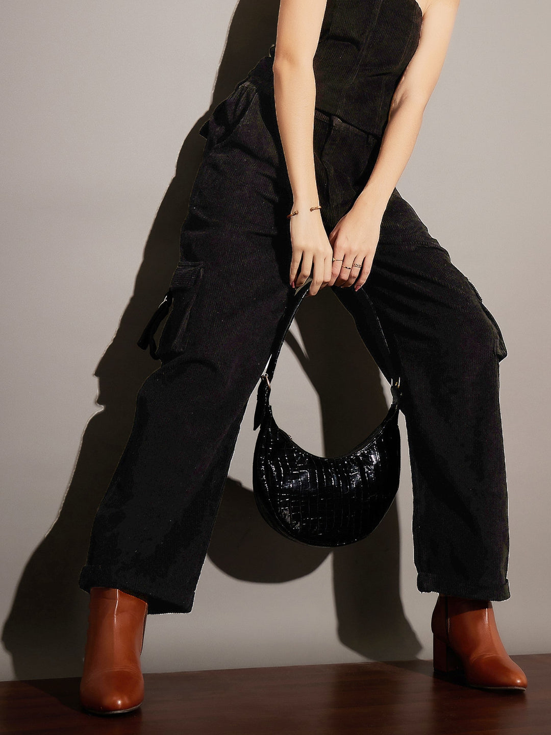 Women's Women Black Corduroy Multi Pocket Cargo Pants in Cotton by Sassafras for wholesale, bulk, supplier, manufacturer and wholesaler buyers from Trendphoria