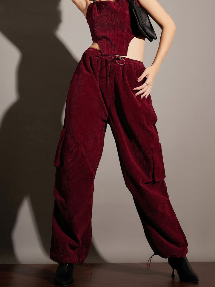 Women's Women Maroon Pleated Knee Corduroy Cargo Pants in Cotton by Sassafras for wholesale, bulk, supplier, manufacturer and wholesaler buyers from Trendphoria