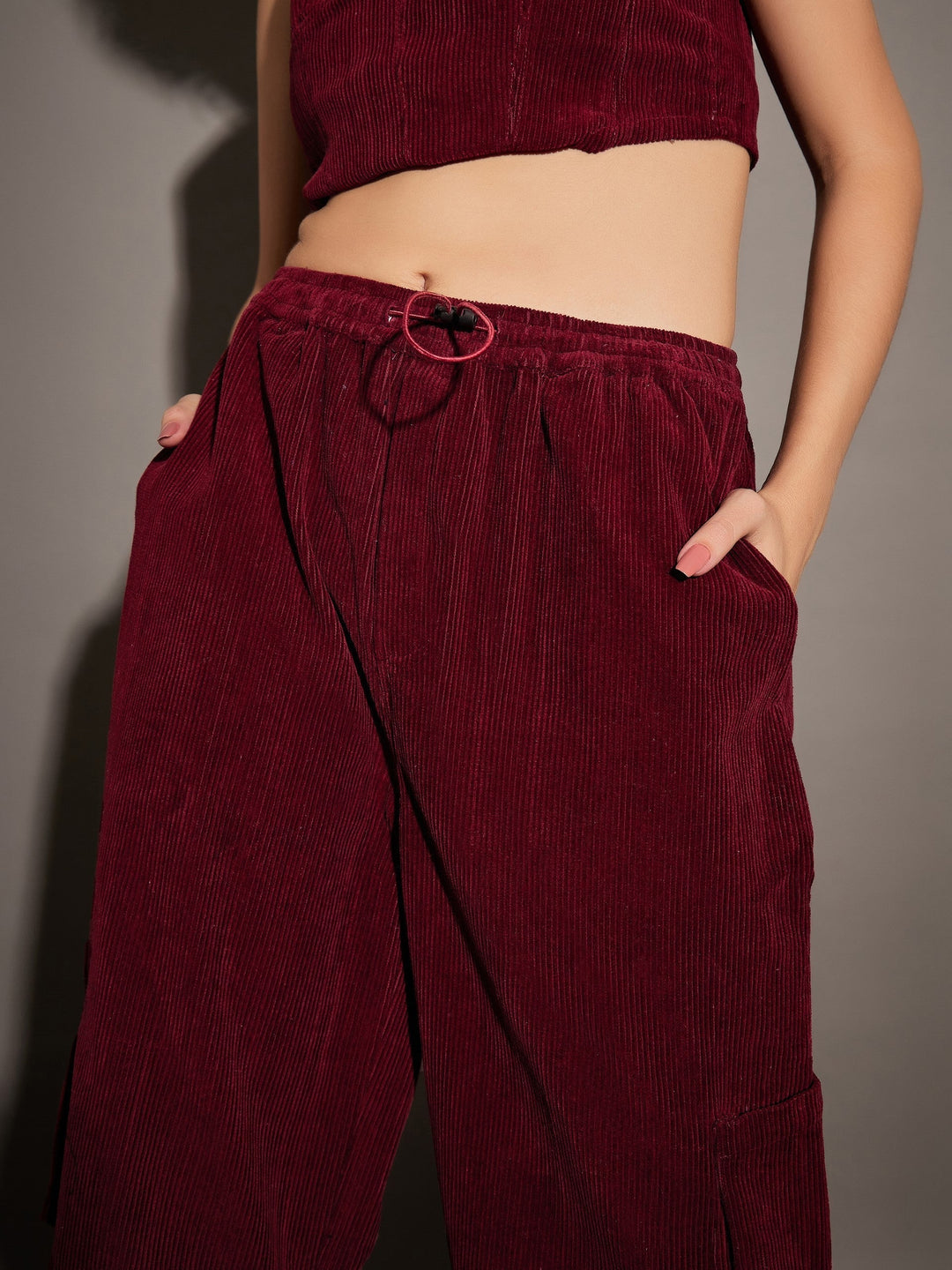 Women Pleated Knee Corduroy Cargo Pants