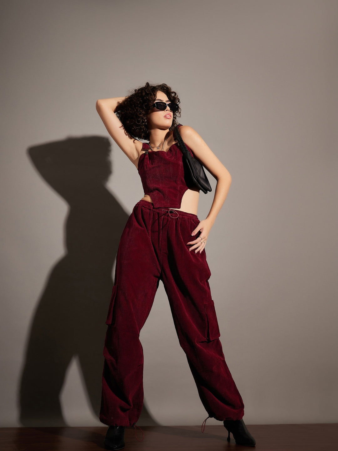 Women Pleated Knee Corduroy Cargo Pants