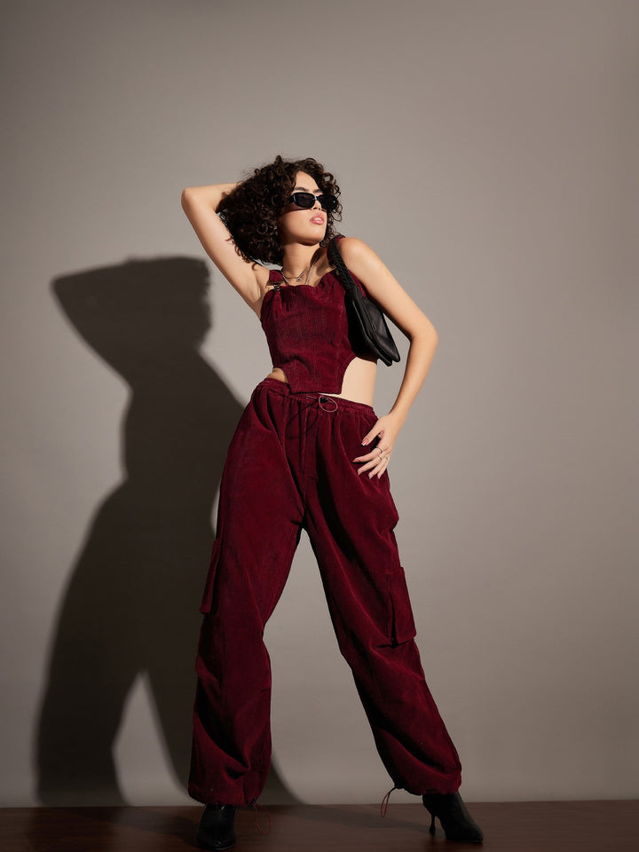 Women Pleated Knee Corduroy Cargo Pants