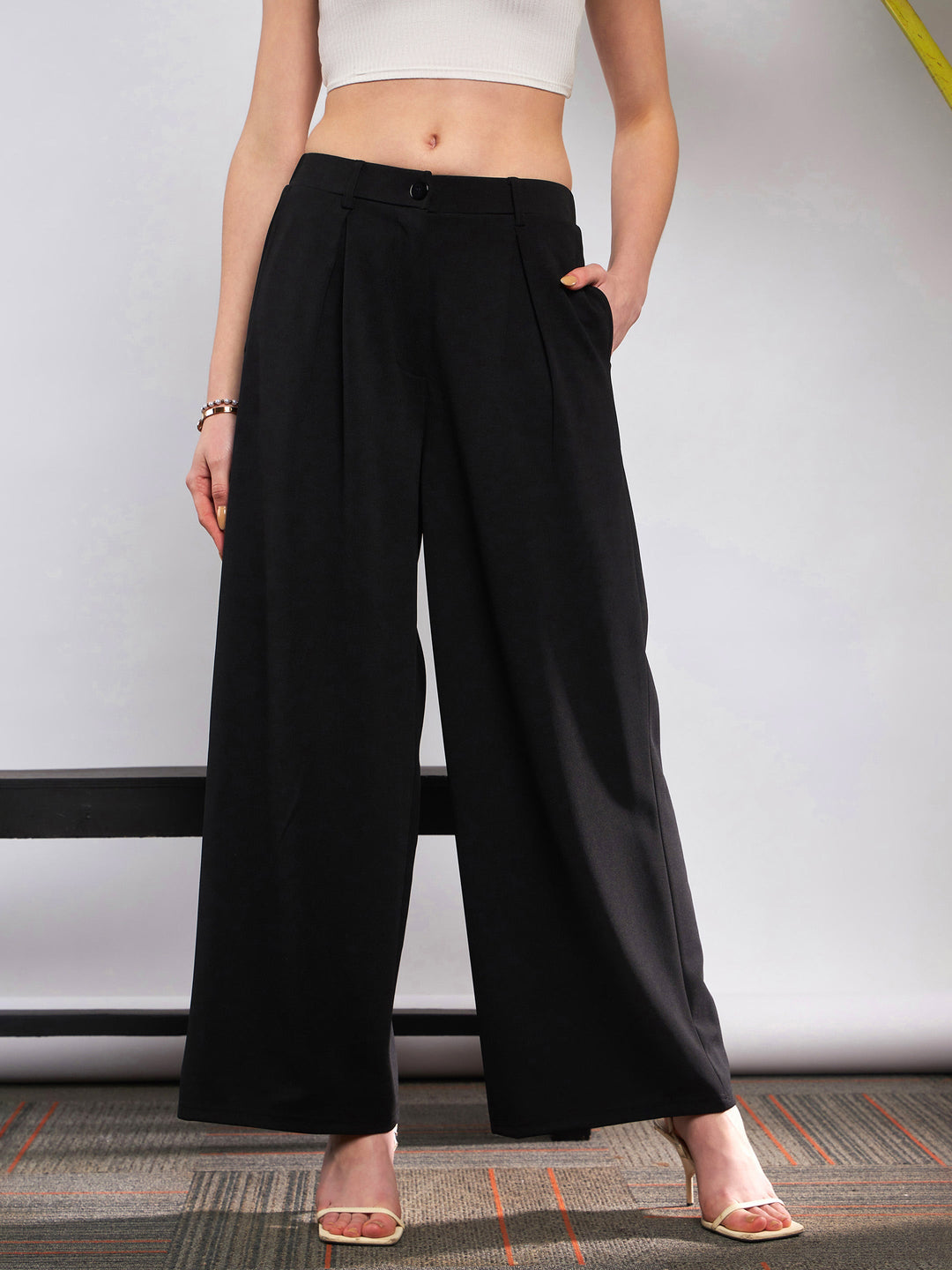 Women's Women Black Front Pleated Loose Fit Korean Pants in Polyester by Sassafras for wholesale, bulk, supplier, manufacturer and wholesaler buyers from Trendphoria