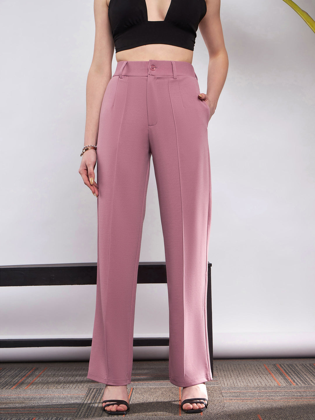 Women's Women Pink Front Darted Knitted Straight Pants in Polyester by Sassafras for wholesale, bulk, supplier, manufacturer and wholesaler buyers from Trendphoria