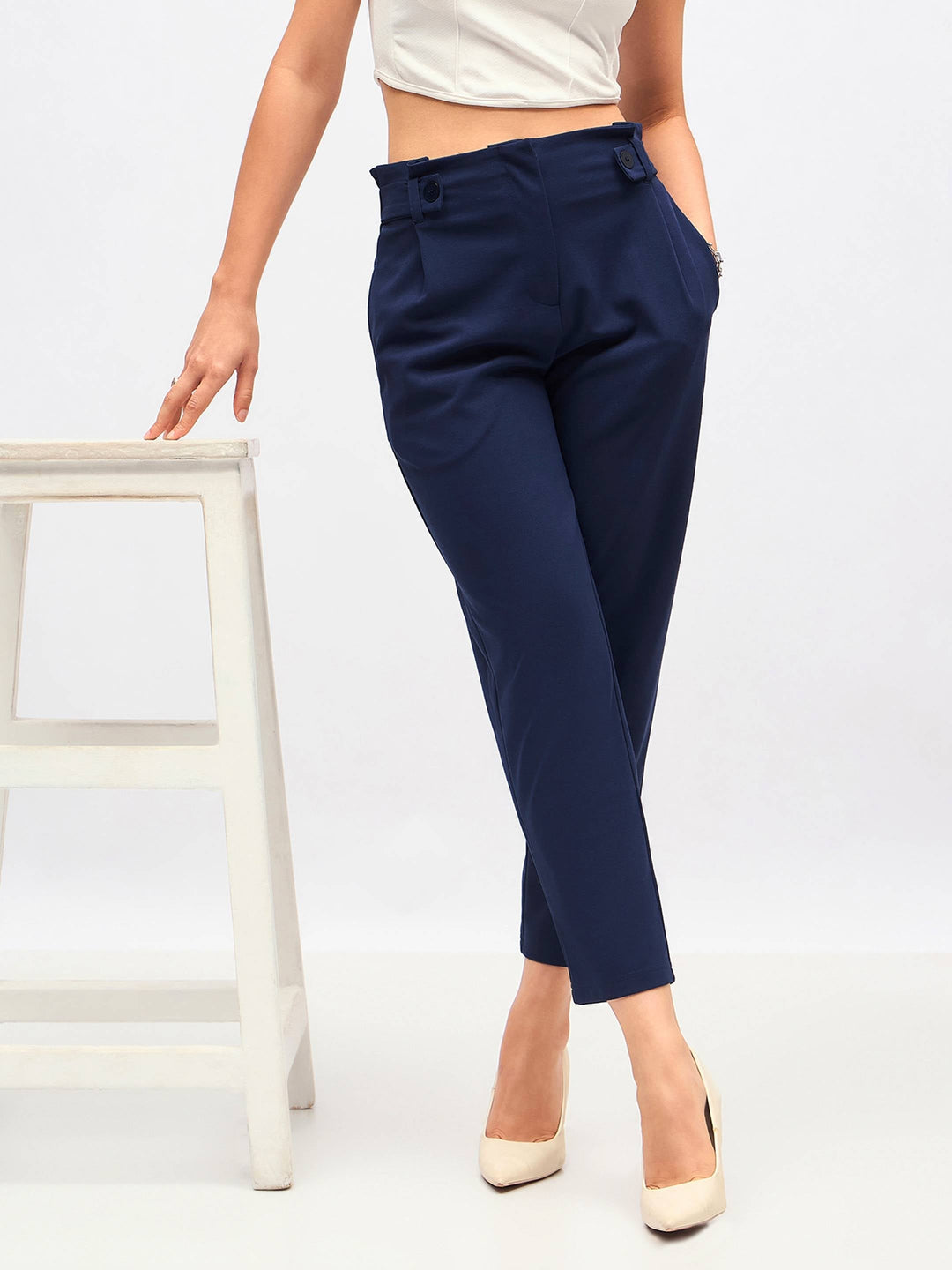 Women's Women Navy Front Button Paperback Waist Pants in Polyester by Sassafras for wholesale, bulk, supplier, manufacturer and wholesaler buyers from Trendphoria