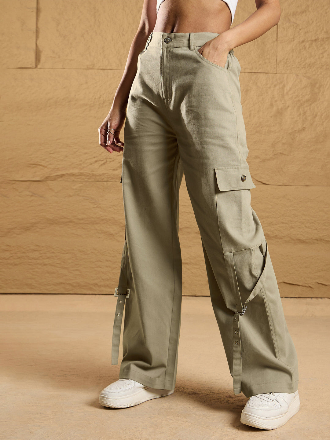 Women's Women Beige Pocket Loop Detail Cargo Pants in Cotton by Sassafras for wholesale, bulk, supplier, manufacturer and wholesaler buyers from Trendphoria