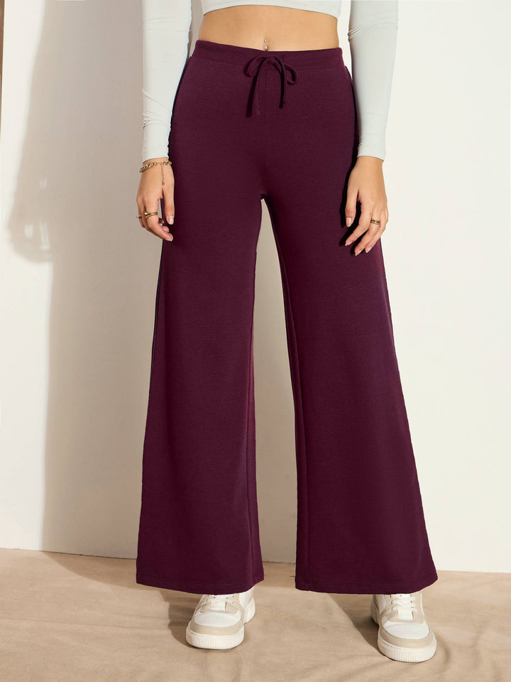 Women's Women Burgundy Terry Wide Leg Drawstring Pants in Cotton by Sassafras for wholesale, bulk, supplier, manufacturer and wholesaler buyers from Trendphoria