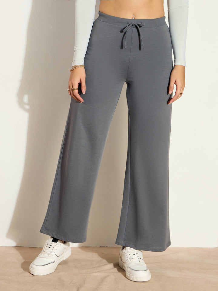 Women's Women Dark Grey Terry Wide Leg Drawstring Pants in Cotton by Sassafras for wholesale, bulk, supplier, manufacturer and wholesaler buyers from Trendphoria