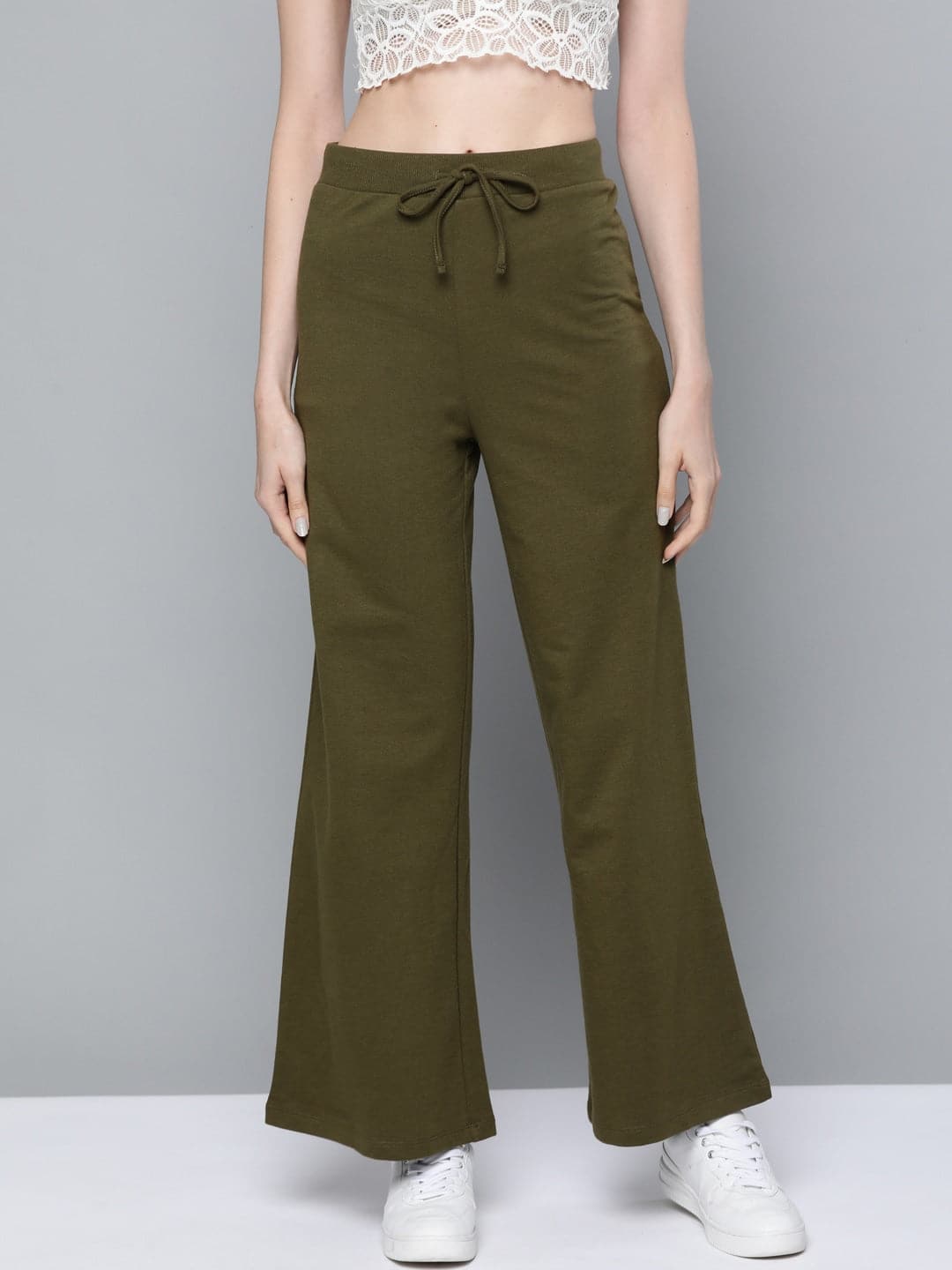 Women's Olive Terry Drawstring Wide Leg Pants in Cotton by Sassafras for wholesale, bulk, supplier, manufacturer and wholesaler buyers from Trendphoria
