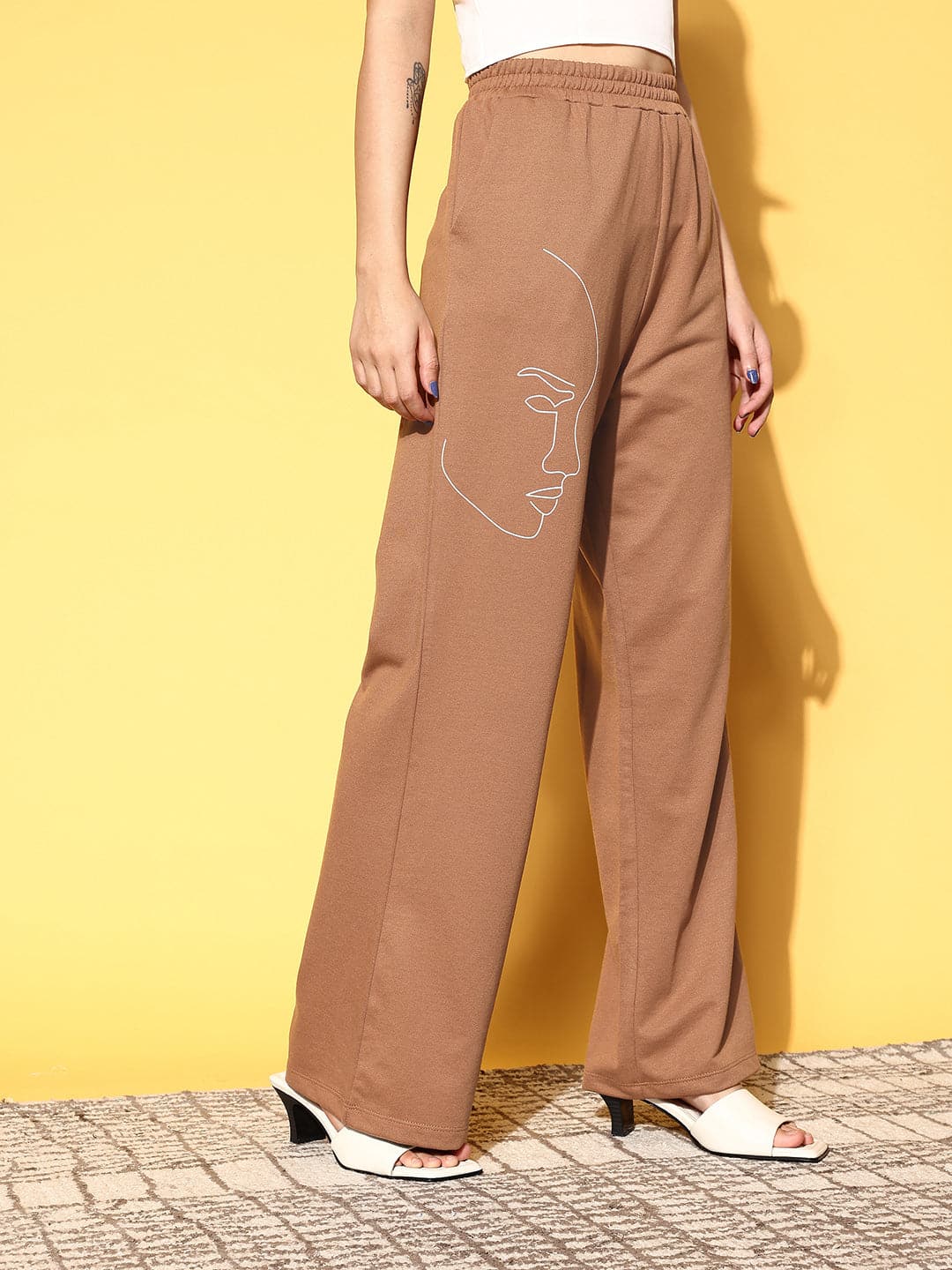 Women's Women Brown Line Art Wide Leg Terry Track Pants in Cotton by Sassafras for wholesale, bulk, supplier, manufacturer and wholesaler buyers from Trendphoria