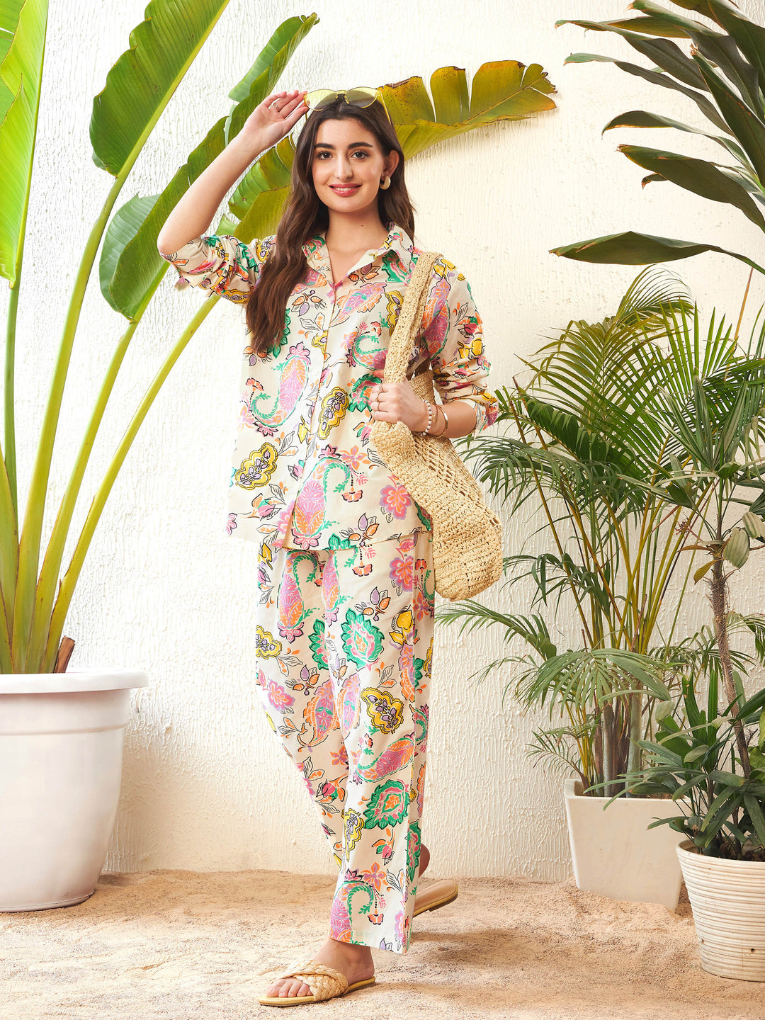 Women's Women Off-White Paisley Shirt With Lounge Pants in Cotton by Sassafras for wholesale, bulk, supplier, manufacturer and wholesaler buyers from Trendphoria