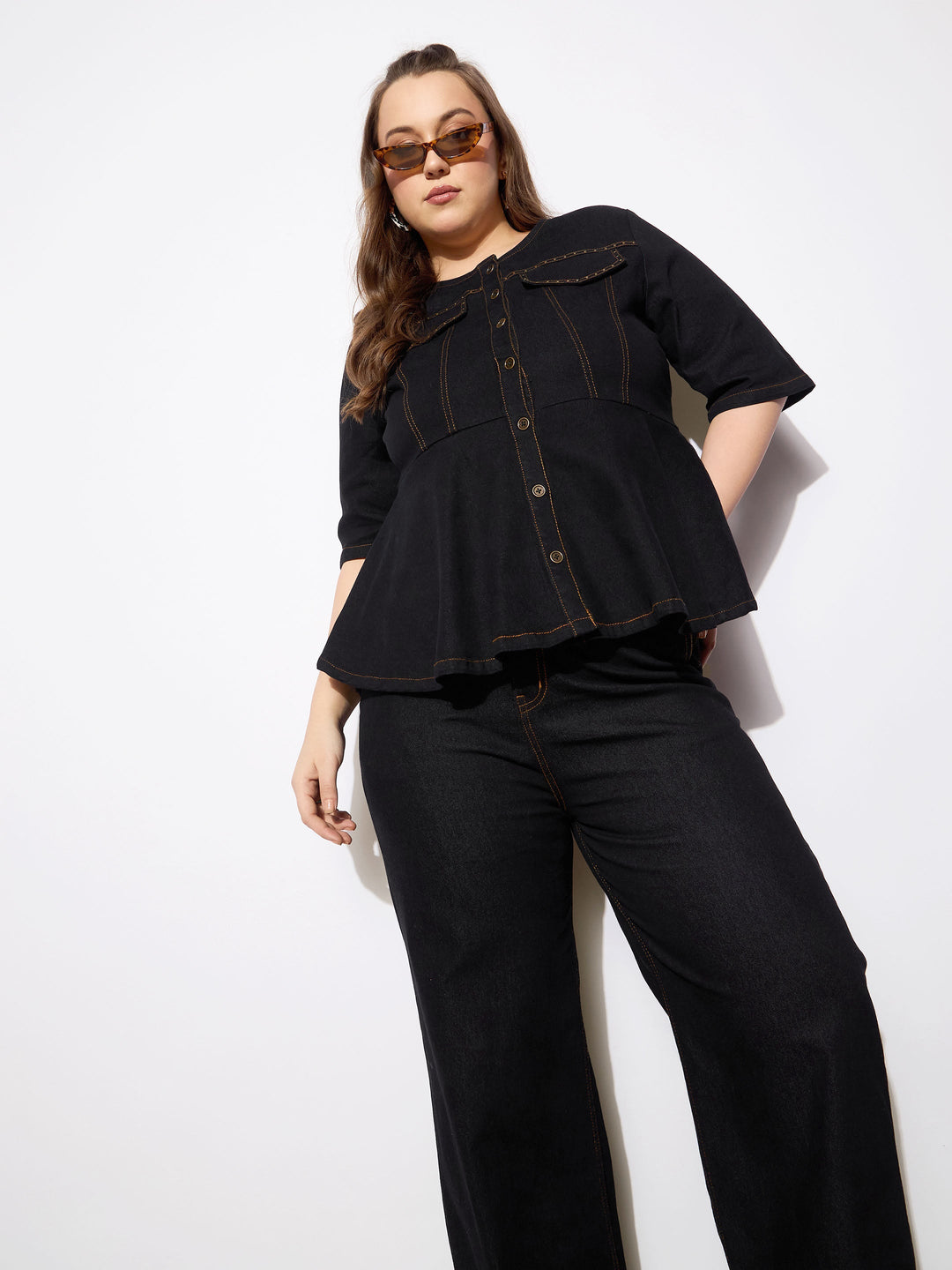 Plus size women's Black Denim Black Denim Studded Peplum Top With Jeans by Sassafras Curve for wholesale buyers, boutiques, resellers and bulk orders