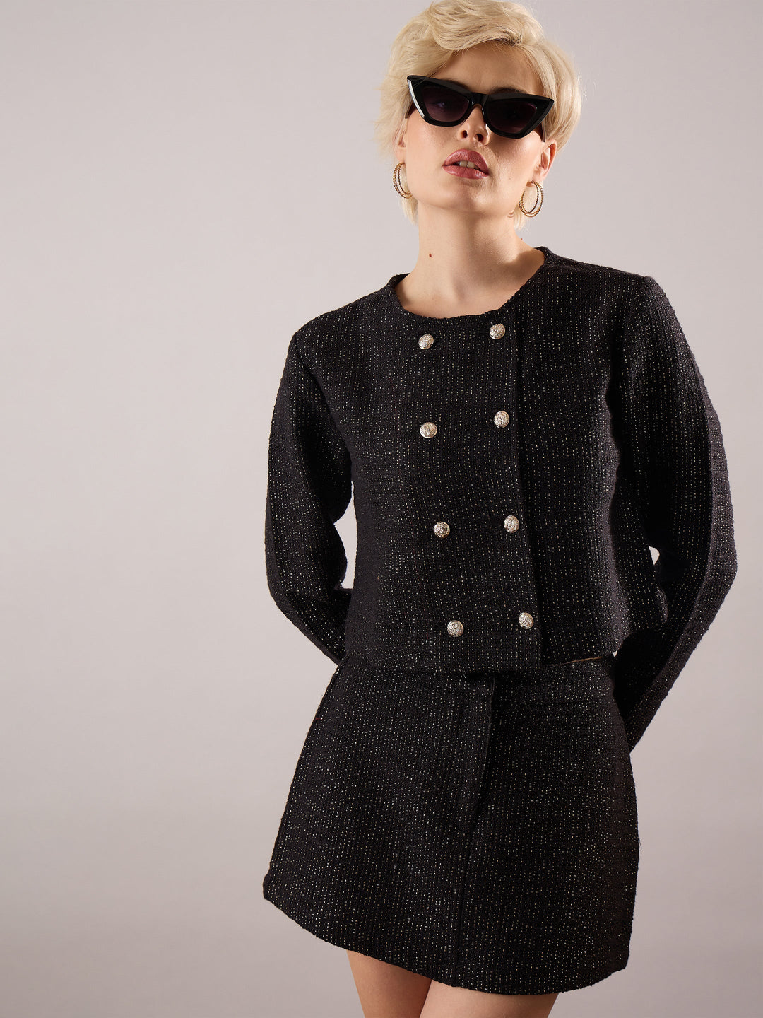 Women's Women Black Tweed Full Sleeves Crop Blazer With Mini Skirt in Cotton by Sassafras for wholesale, bulk, supplier, manufacturer and wholesaler buyers from Trendphoria
