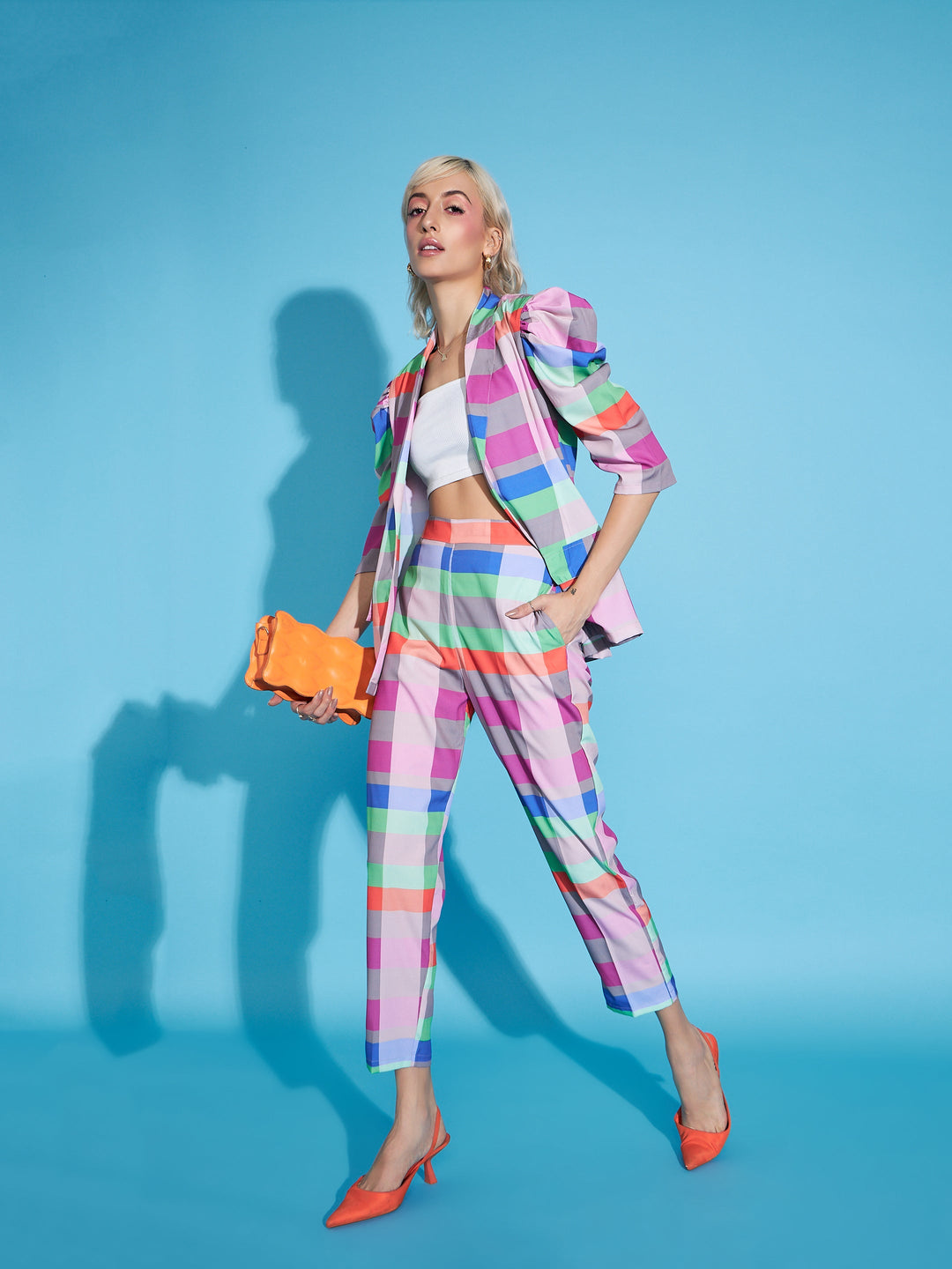 Women's Women Multi Check Puff Blazer With Tapered Pants in Crepe by Sassafras for wholesale, bulk, supplier, manufacturer and wholesaler buyers from Trendphoria