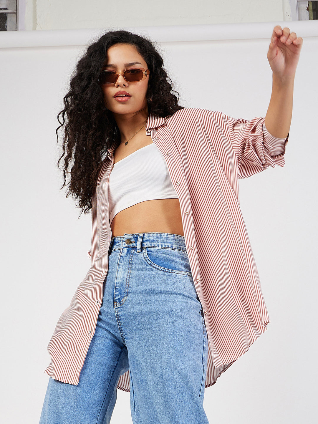 Women's Women Red & White Pinstriped Oversize Shirt in Rayon by Sassafras for wholesale, bulk, supplier, manufacturer and wholesaler buyers from Trendphoria