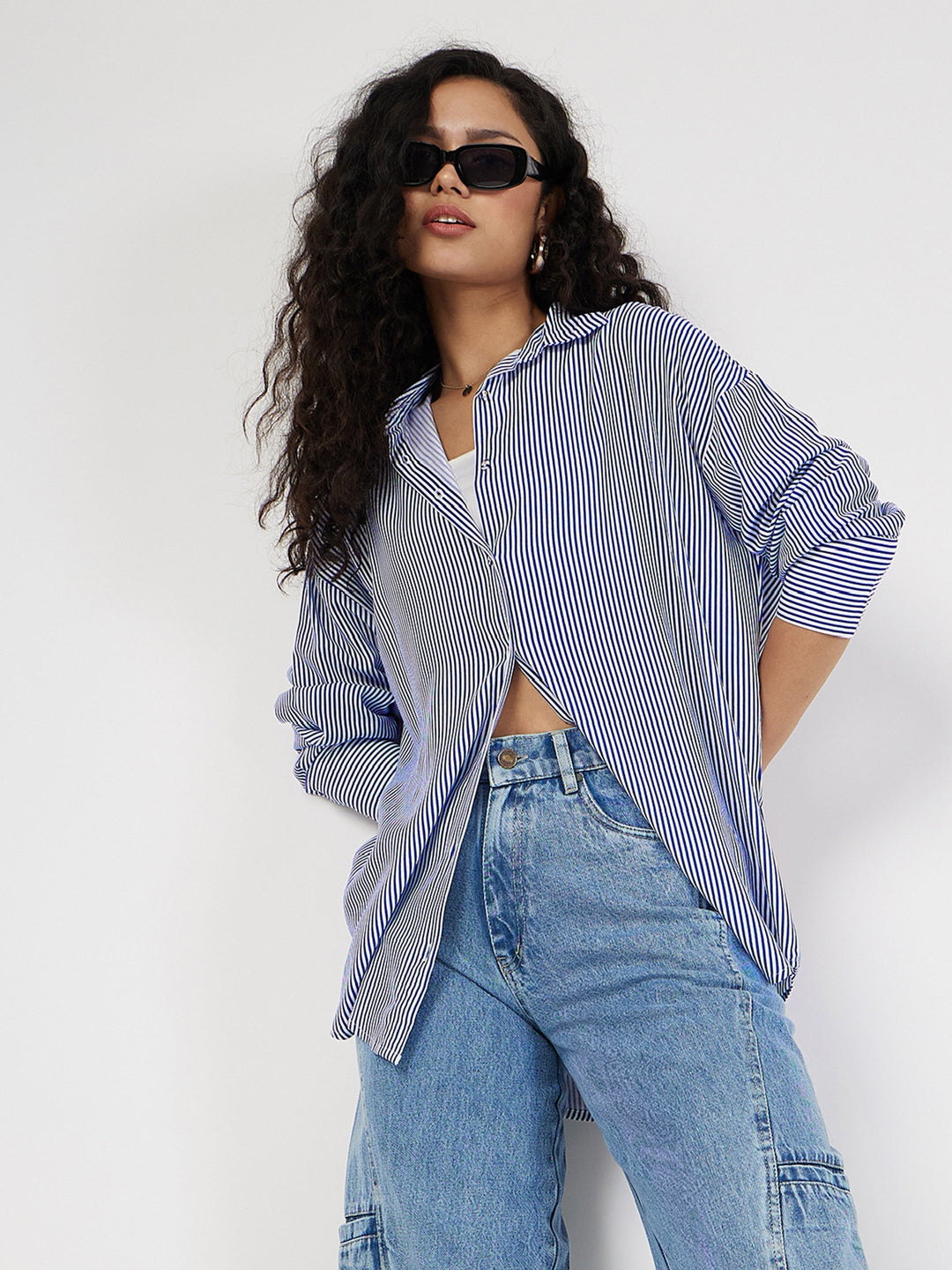 Women's Women Blue & White Pinstriped Oversize Shirt in Rayon by Sassafras for wholesale, bulk, supplier, manufacturer and wholesaler buyers from Trendphoria