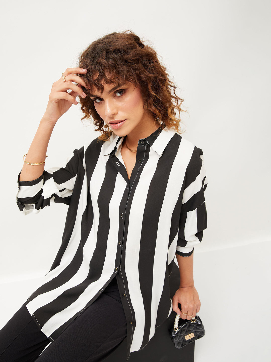 Women's Women Black & White Striped Oversize Shirt in Rayon by Sassafras for wholesale, bulk, supplier, manufacturer and wholesaler buyers from Trendphoria
