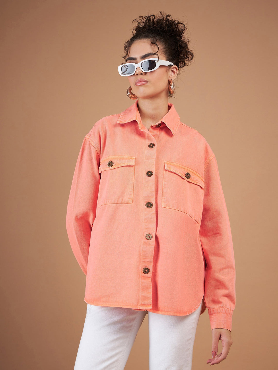 Women's Women Orange Washed Denim Shacket in Cotton by Sassafras for wholesale, bulk, supplier, manufacturer and wholesaler buyers from Trendphoria
