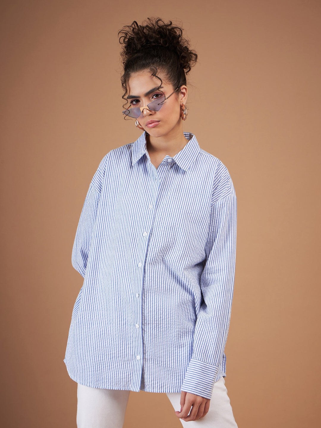 Women's Women Blue & White Striped Oversized Shirt in Cotton by Sassafras for wholesale, bulk, supplier, manufacturer and wholesaler buyers from Trendphoria